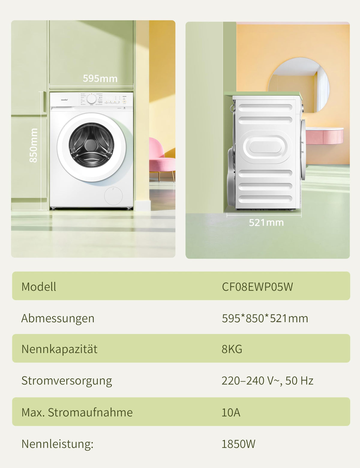 Frontlader Waschmaschine 8 kg Energieeffizienzklasse A 10 Prozent sparsamer weiß CF08EWP05W