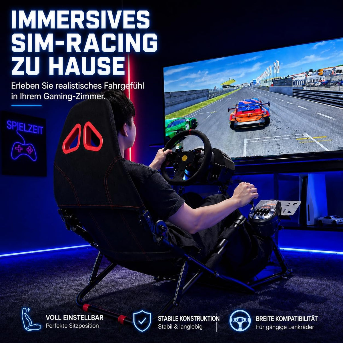 Faltbares Sim Racing Cockpit für Logitech MOZA Thrustmaster mit verstellbarem Sitz und Lenkradhalterung