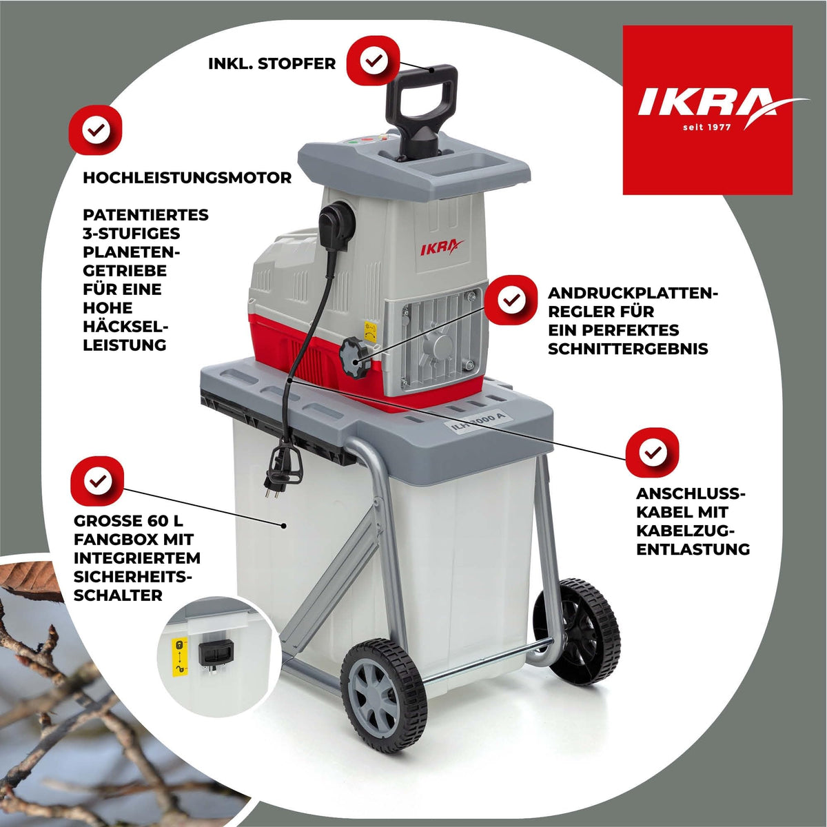 Elektro Gartenhäcksler Walzenhäcksler ILH 3000A mit Aststärke bis 44 mm für Äste und Strauchschnitt