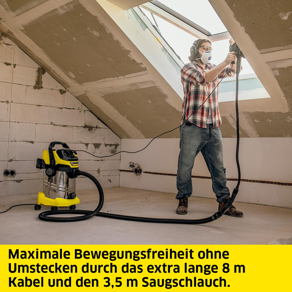 Nass-/Trockensauger WD 6 P S V-30/8/35/T für maximale Reichweite im Haushalt, in der Werkstatt und im Auto