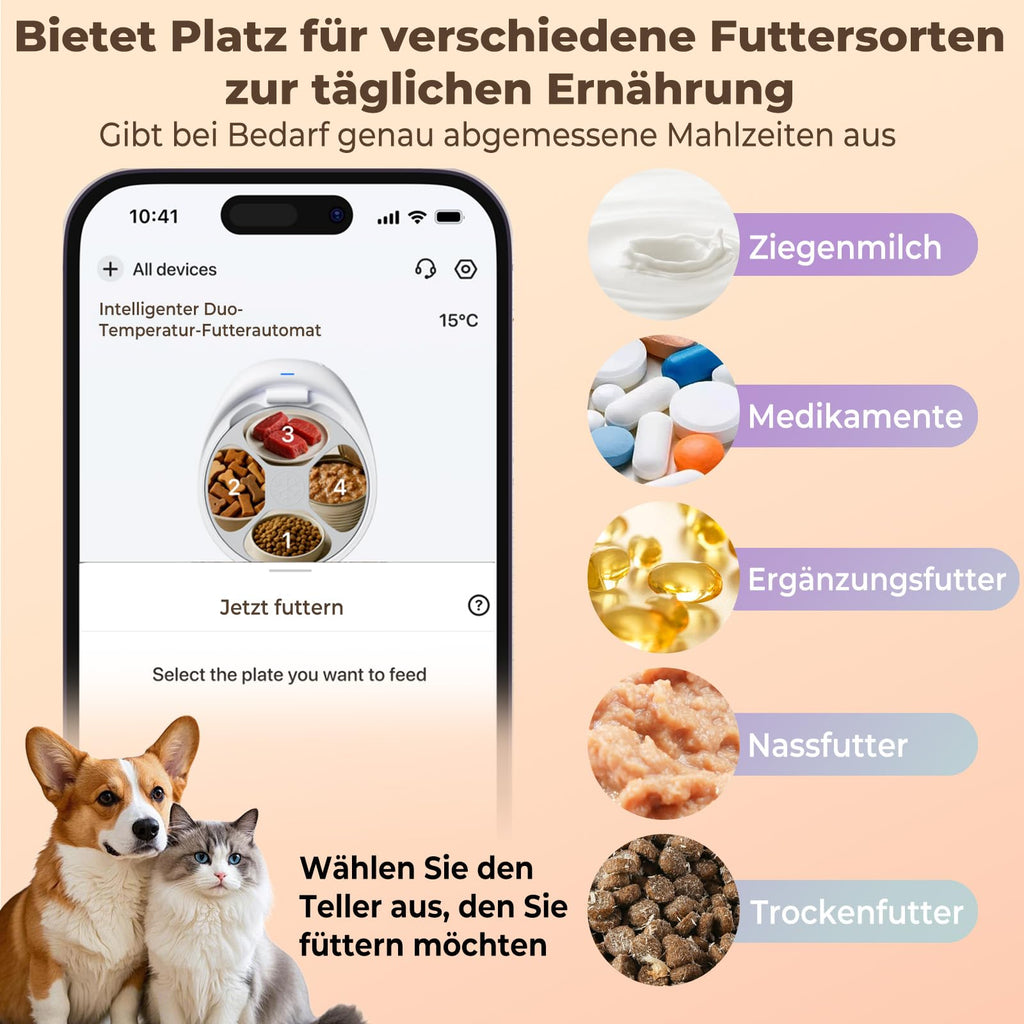 Intelligenter Nassfutterautomat für Katzen mit Halbleiterkühlung und Heizung App 4 Mahlzeiten Infrarotsensor