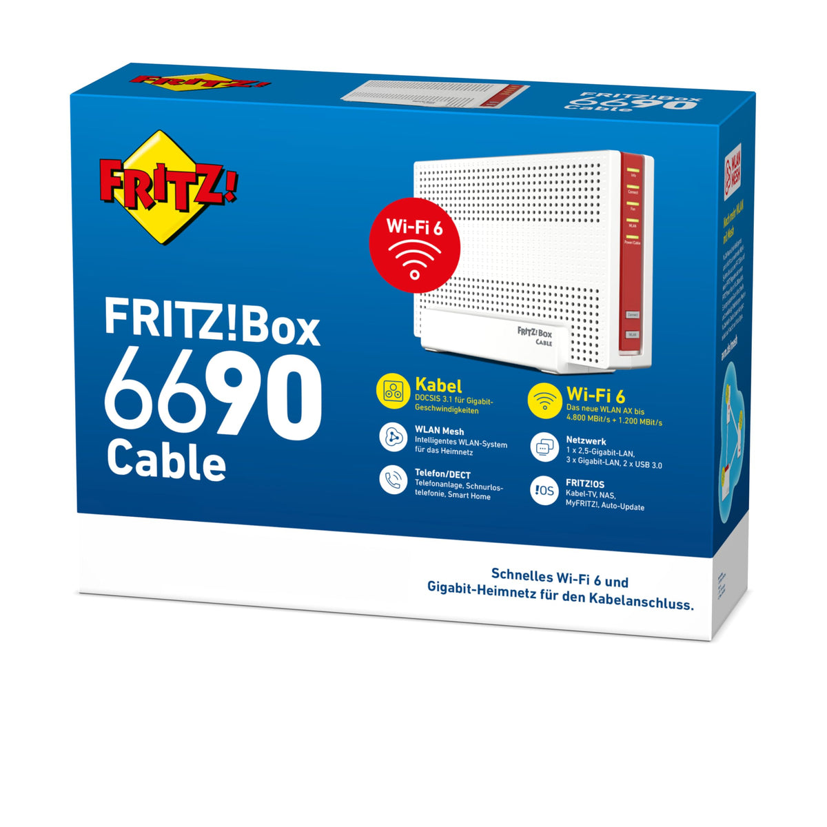 Kabelrouter 6690 mit DOCSIS 3.1 und WiFi 6, 4x Gigabit LAN, Mesh WLAN, DECT Telefon, weiß/rot