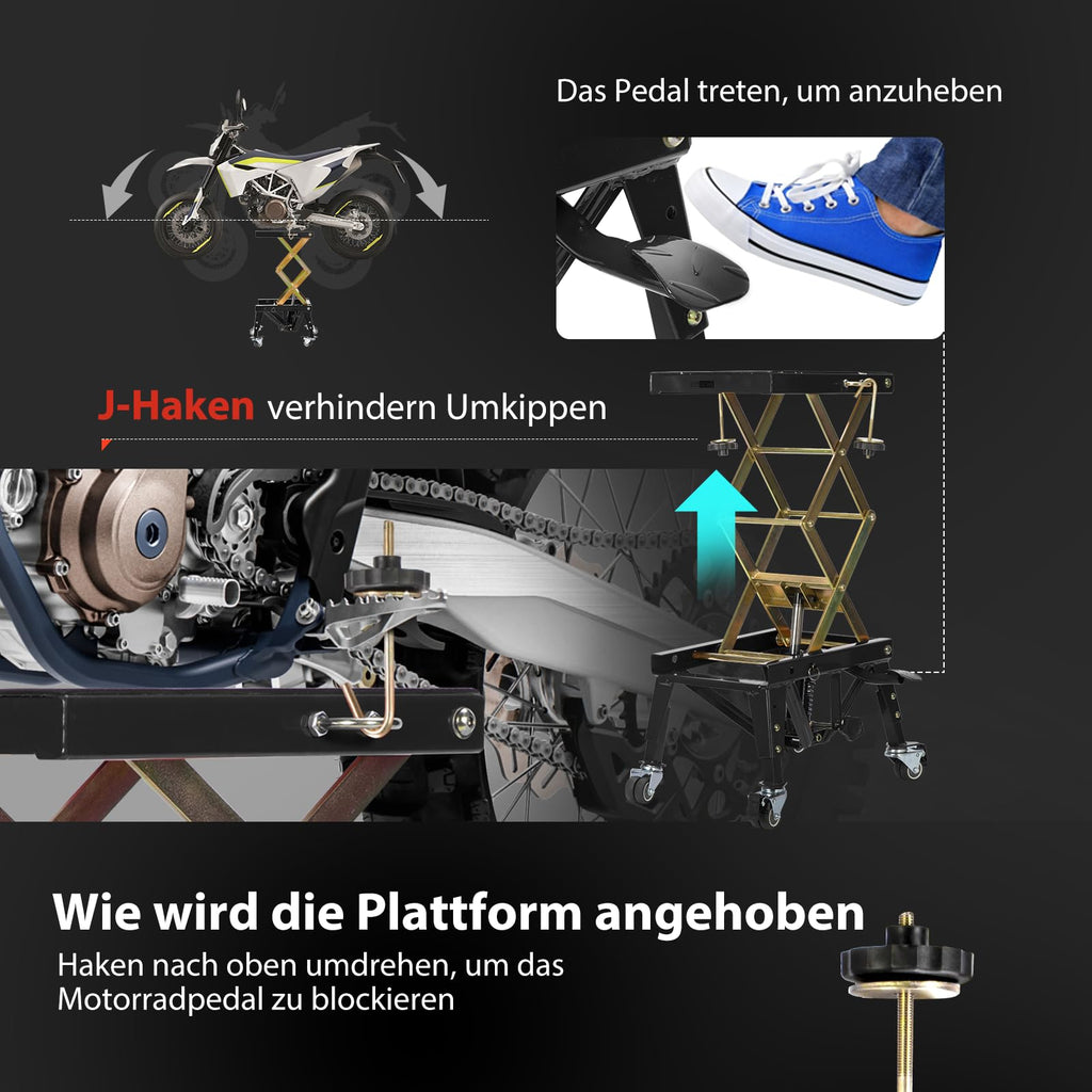 Hydraulischer Motorradheber in Schwarz mit 160 kg Tragkraft und 4 Rollen zum Aufbocken und Transportieren