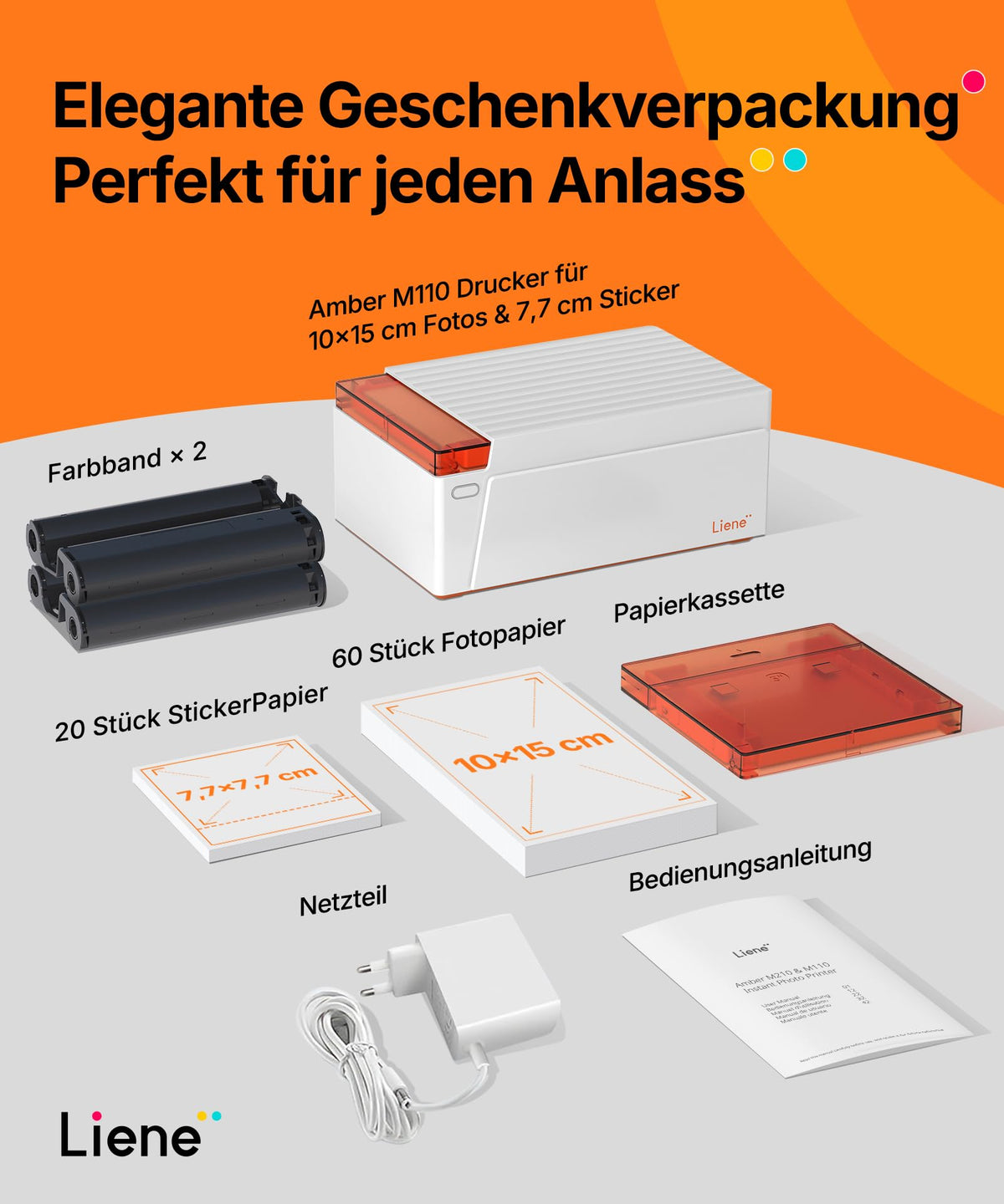 Amber M110 Mini Fotodrucker für Smartphone, Bluetooth, Thermosublimation, 60 Blatt 10x15 Papier, 2 Farbbänder