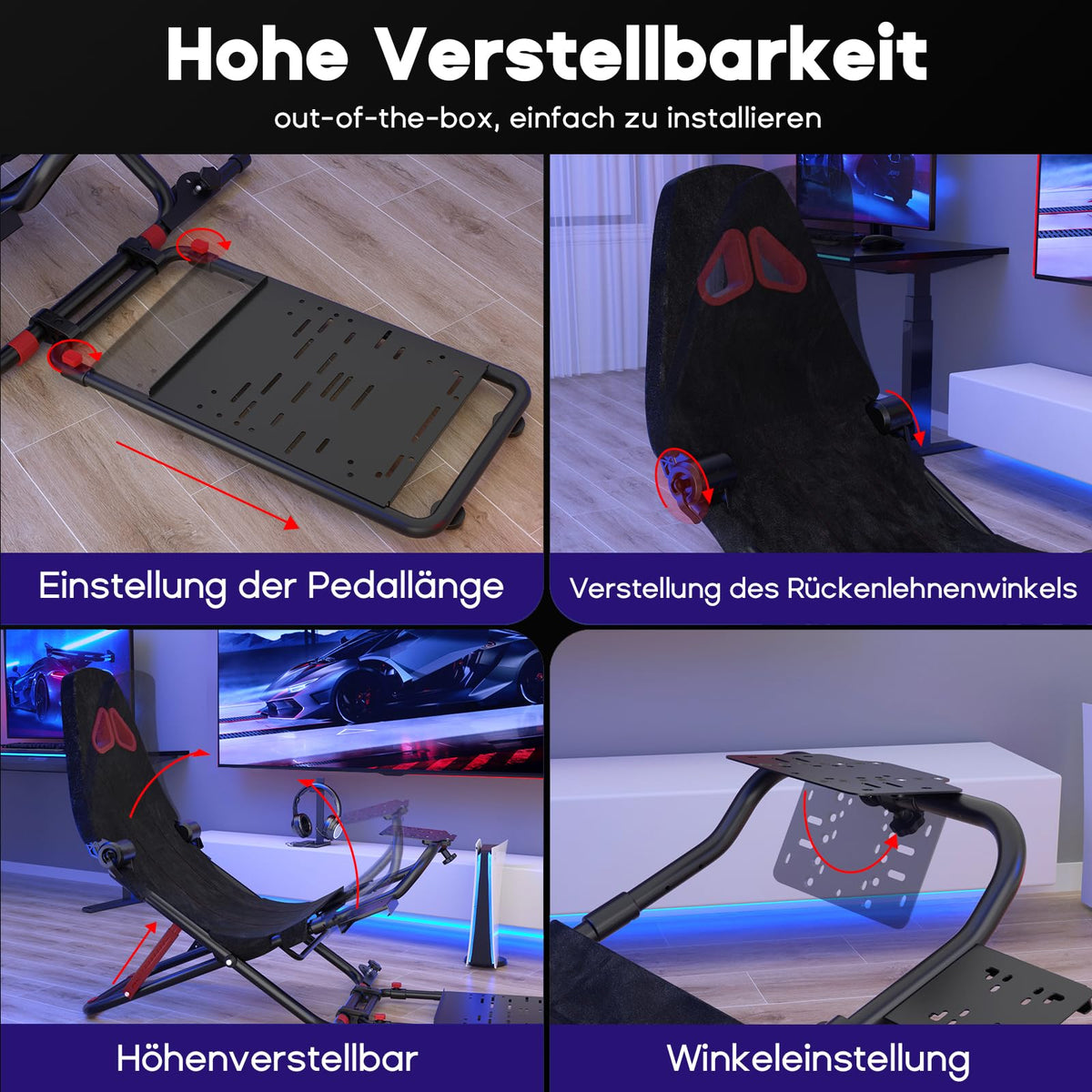 Faltbares Sim Racing Cockpit für Logitech MOZA Thrustmaster mit verstellbarem Sitz und Lenkradhalterung
