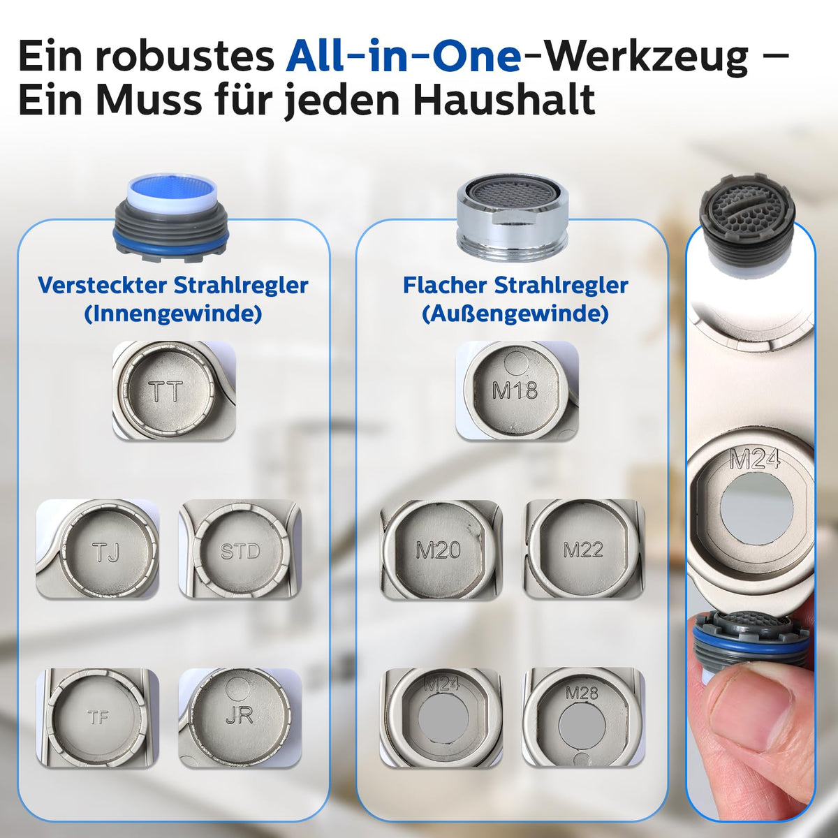 Luftsprudlerschlüssel aus Metall 11 in 1, M18 M20 M22 M24 M28, verdeckte Strahlregler, Hebelkraft, Titanfinish