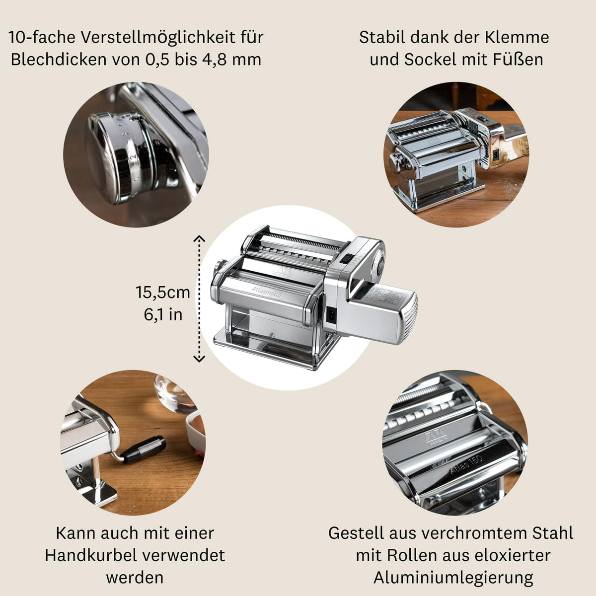 Elektrische Nudelmaschine Atlas 150 mit Atlasmotor für Pasta Lasagne Fettuccine Tagliolini aus Edelstahl