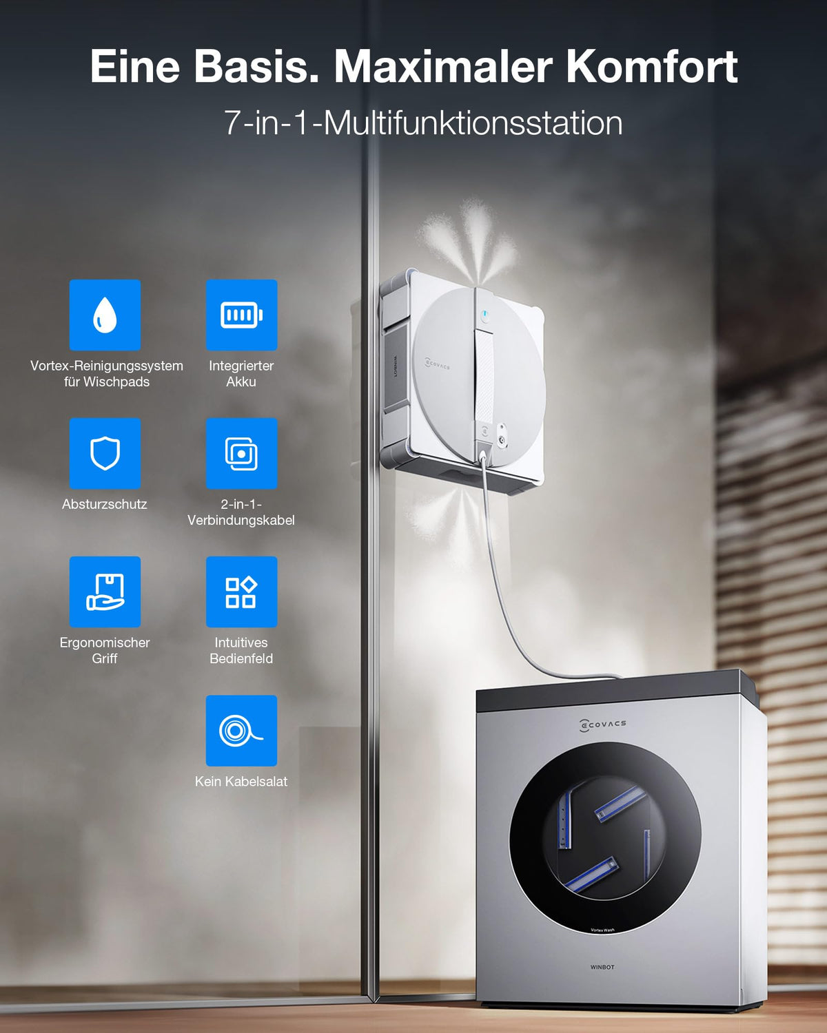 Winbot W3 Omni Fensterputzroboter, Multifunktionsstation, automatische Wischpadreinigung, Randreinigung, App