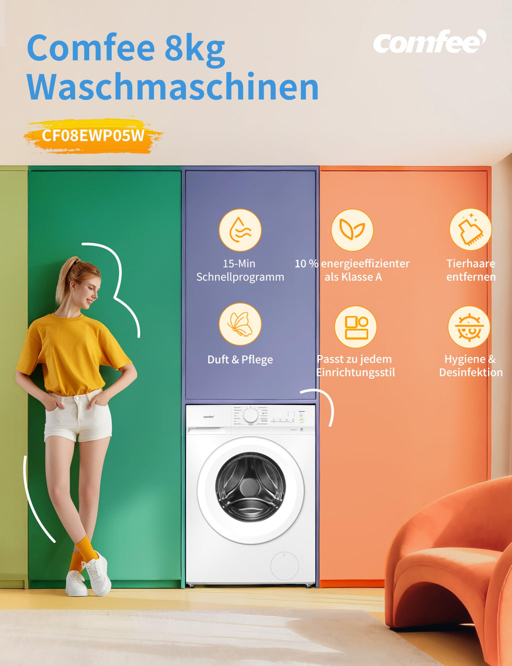 Frontlader Waschmaschine 8 kg Energieeffizienzklasse A 10 Prozent sparsamer weiß CF08EWP05W