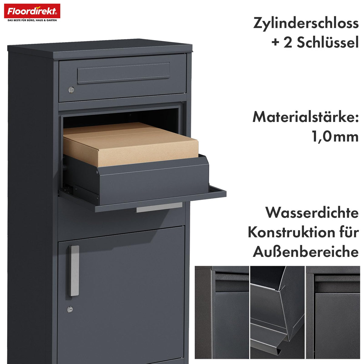 Paketbriefkasten XXL Standbriefkasten mit Paketbox und Zylinderschloss modern rostfrei massiv Postbox Francois