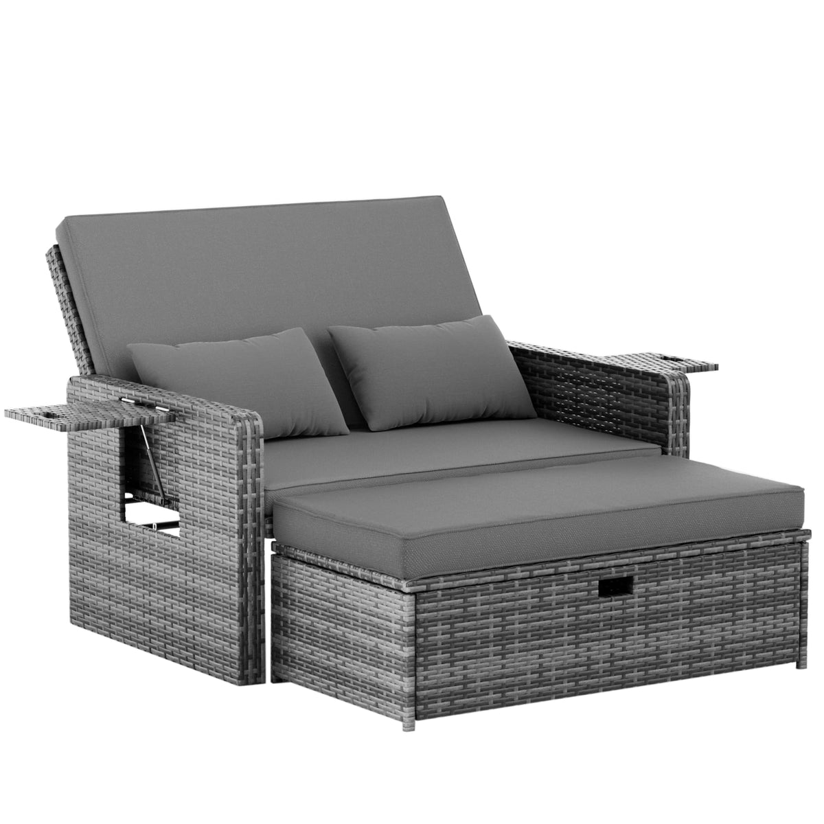 Rattan Gartenlounge Set 2 Sitzer Gartensofa Auflagenbox verstellbare Rückenlehne wetterfest Hocker Kissen Grau