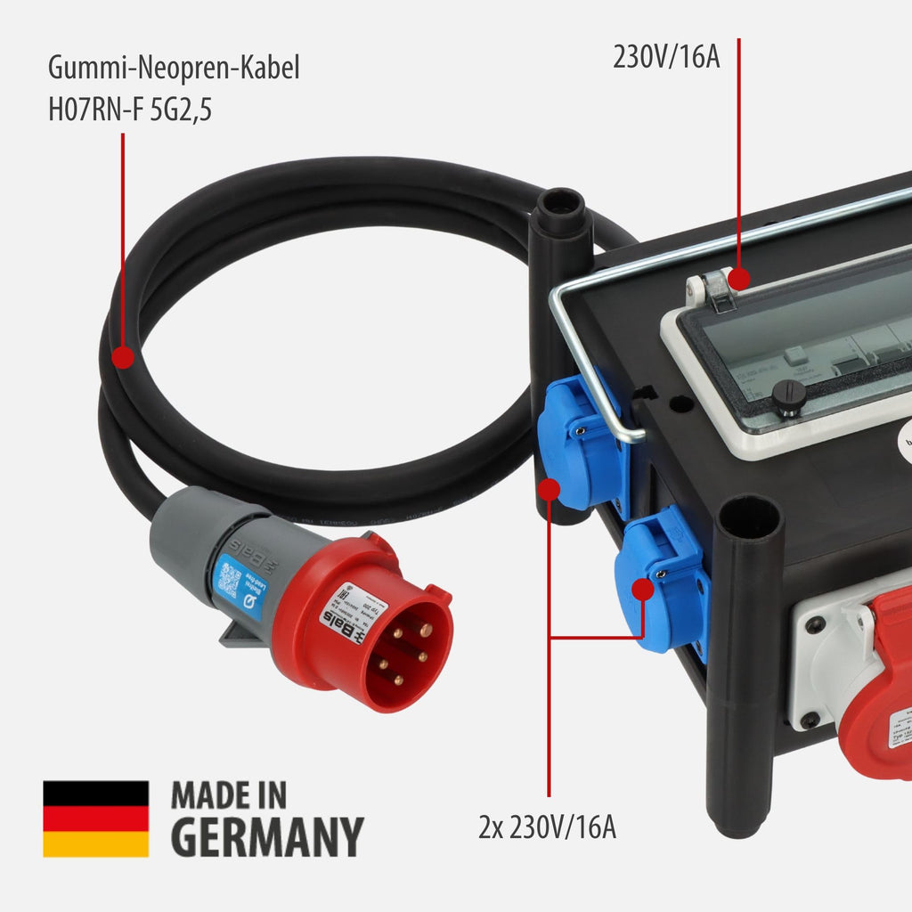 Kompakter Gummi-Stromverteiler, FI-Schalter, LS-Schalter, 2m Kabel, 2x CEE 400V/16A, 5x 230V/16A, im Freien