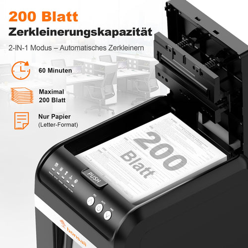 Aktenvernichter mit automatischem Papiereinzug 200 Blatt Mikroschnitt P4 Sicherheitsstufe schwarz