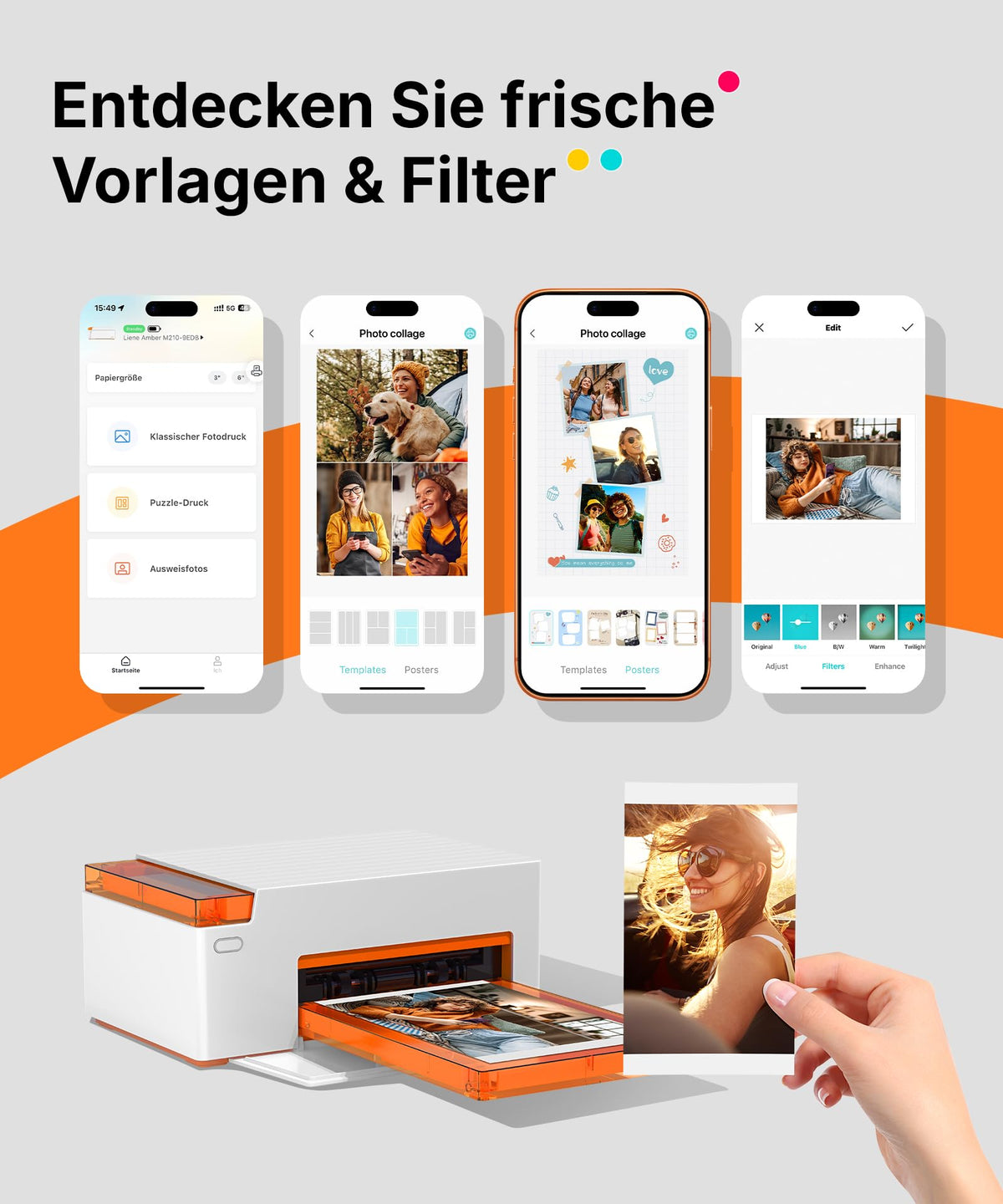 Amber M110 Mini Fotodrucker für Smartphone, Bluetooth, Thermosublimation, 60 Blatt 10x15 Papier, 2 Farbbänder