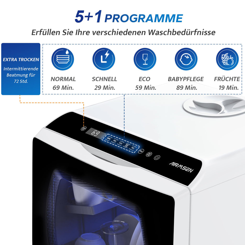 Platzsparender Mini Tischgeschirrspüler mit 5+1 Programmen und Energieklasse D für Zuhause