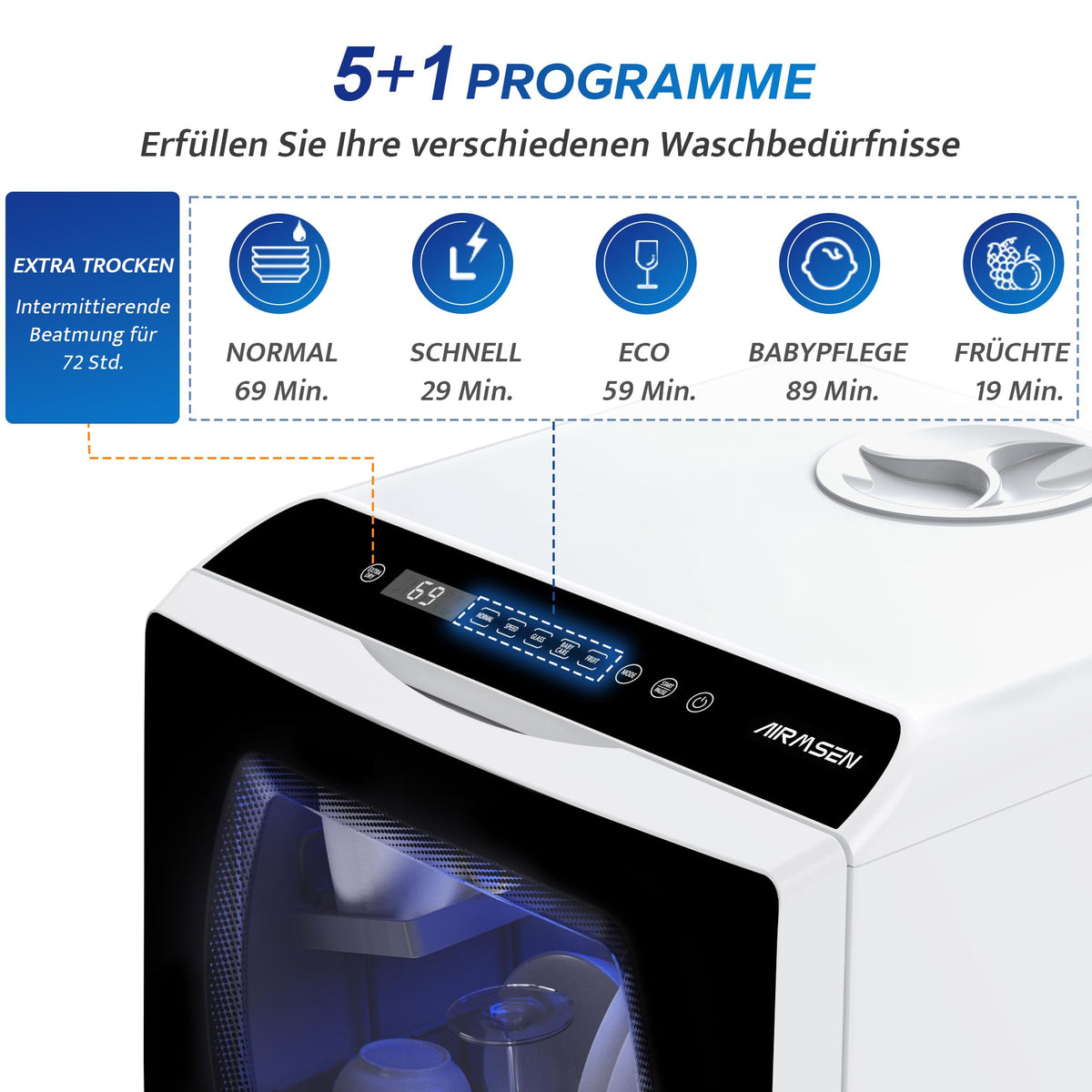 Platzsparender Mini Tischgeschirrspüler mit 5+1 Programmen und Energieklasse D für Zuhause