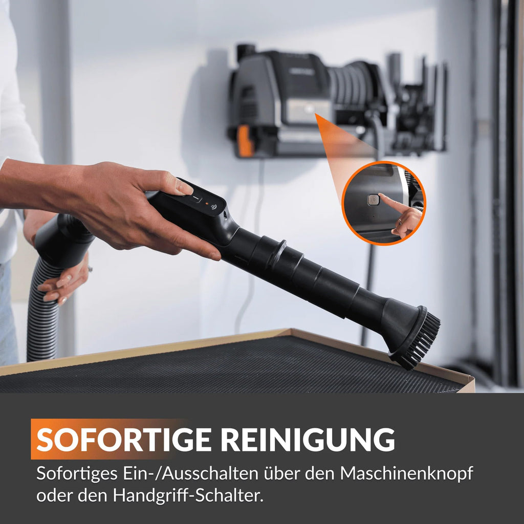 Grandstorm einziehbarer Staubsauger 10m knickfester Schlauch Wandmontage 6 Düsen Garage Fernbedienung Schwarz
