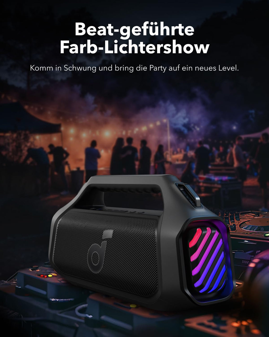 Boom 2 Plus Outdoor Lautsprecher mit 140W Leistung und 2+2 Stereoklang für kraftvollen Sound