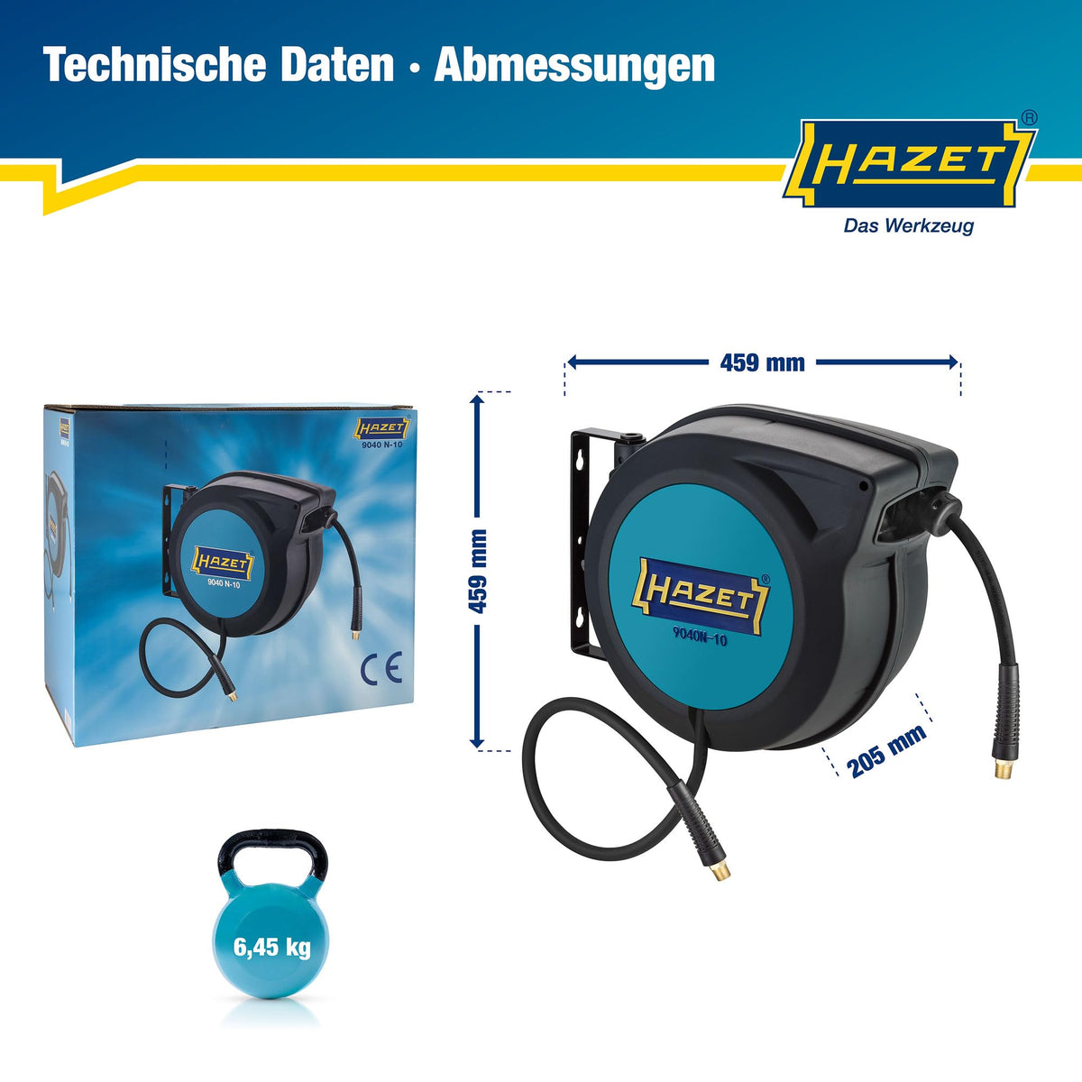 Automatischer Druckluftschlauchaufroller mit 15 m Schlauch und 10 mm Innendurchmesser Modell 9040N10