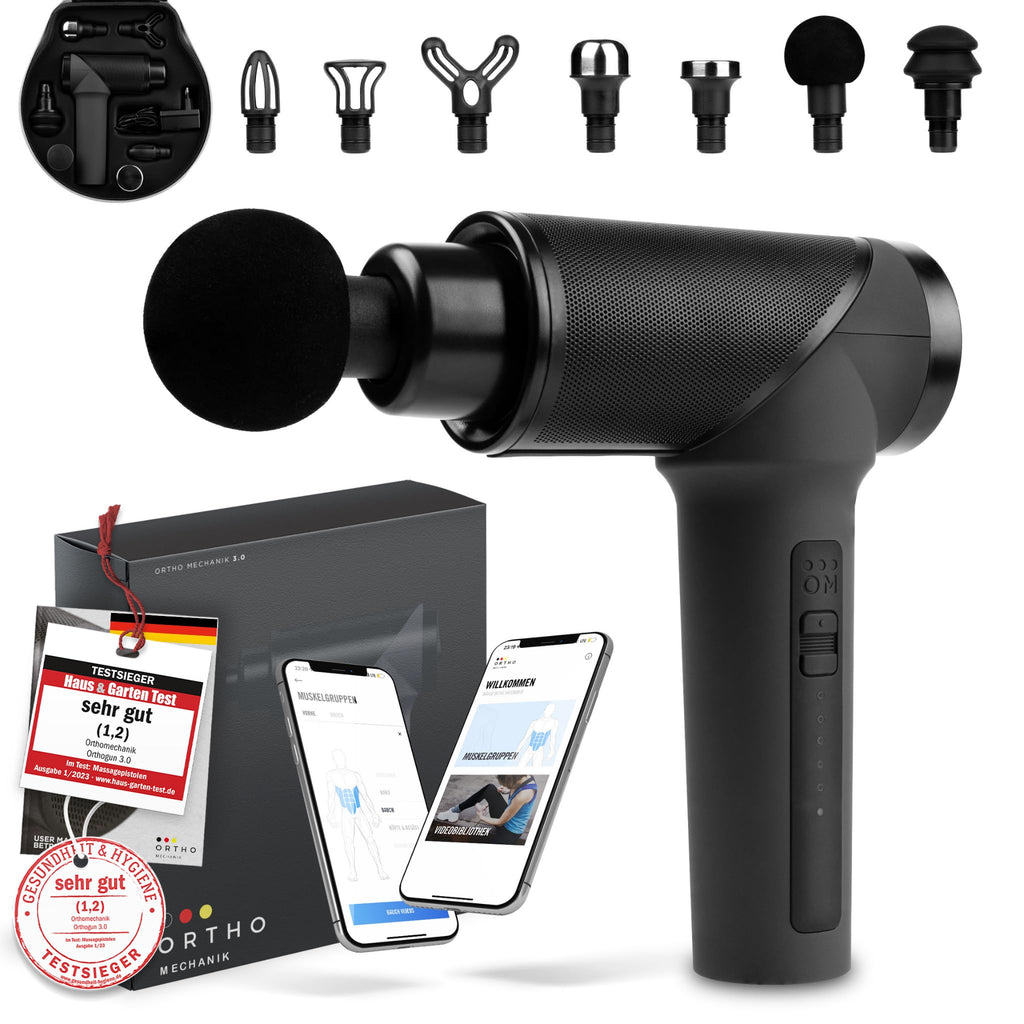 Massagepistole OrthoGun 3.0 mit App, 7 Aufsätzen und Koffer, 160W Motor, 5 Intensitäten, 360 Minuten Laufzeit