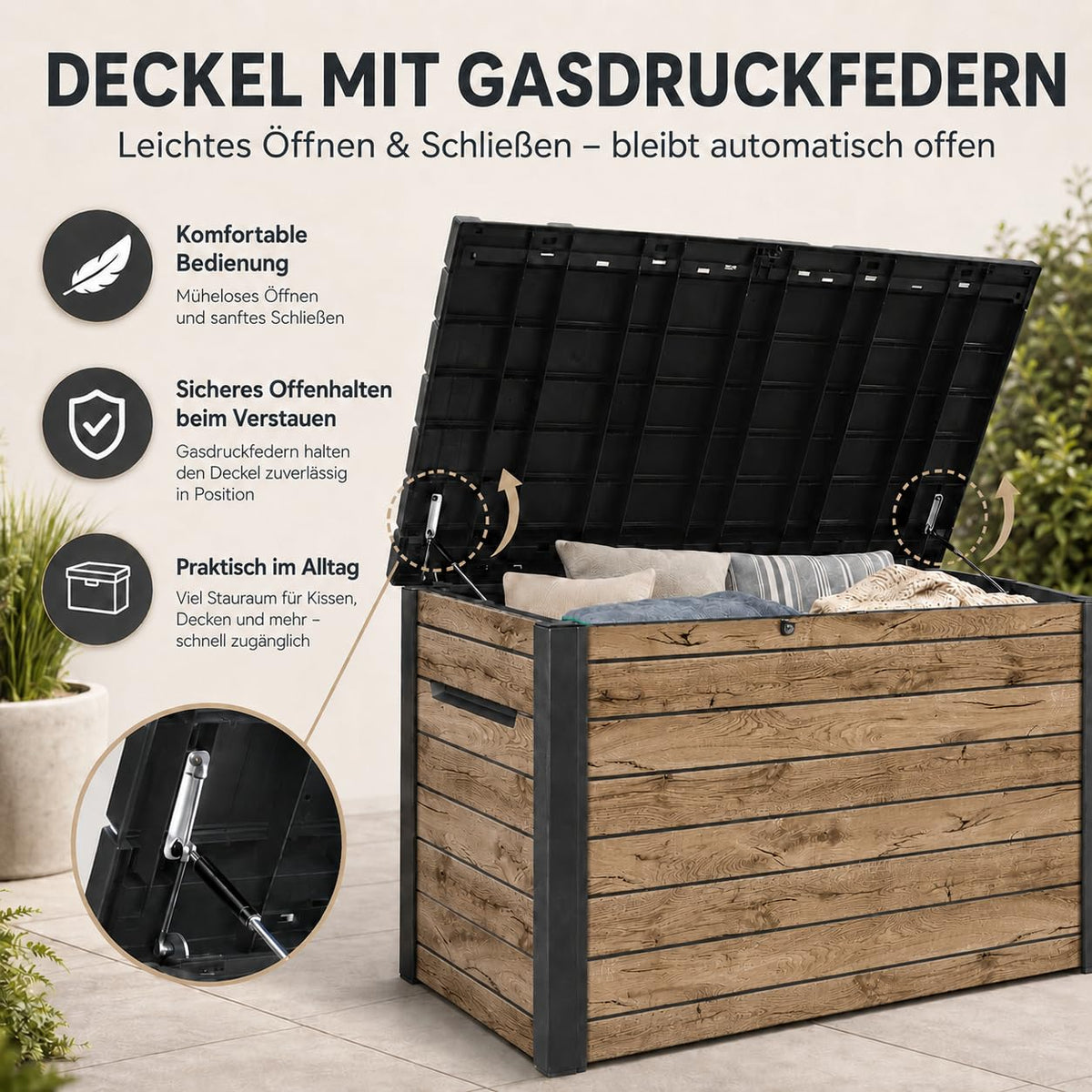 Gartenbox Ontario 870L 147x83x86 cm Kunststoff in Holzoptik Deckel mit Gasdruckfedern abschließbar
