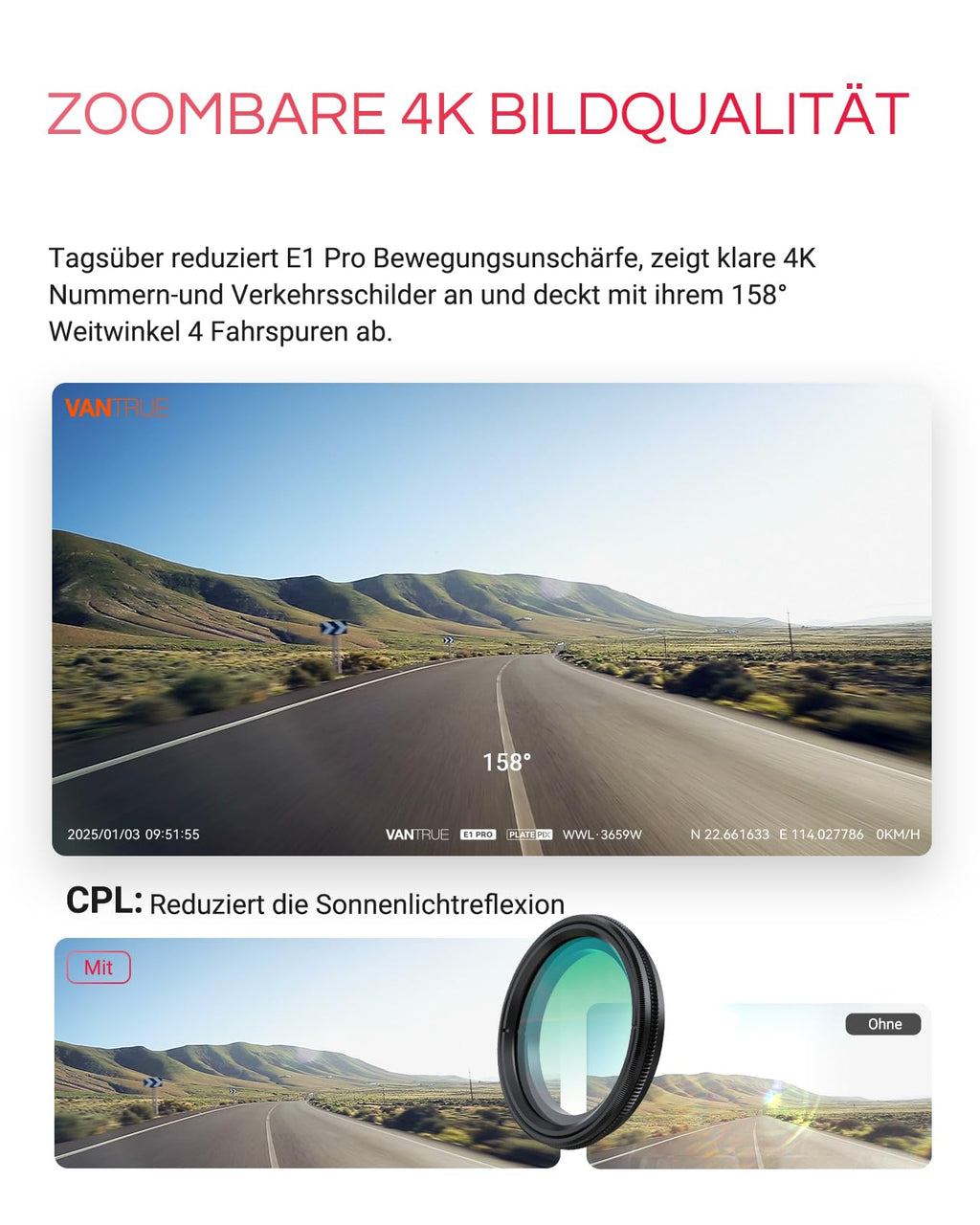 E1 Pro Dashcam mit 4K HDR STARVIS 2 Sensor und CPL Filter für Auto vorne als kompakte Mini Dashcam