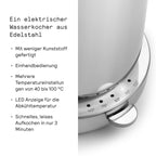 Wasserkocher aus Edelstahl 1,2 L 360 Grad drehbarer Sockel leises Kochen tropffrei mehrere Temperaturstufen