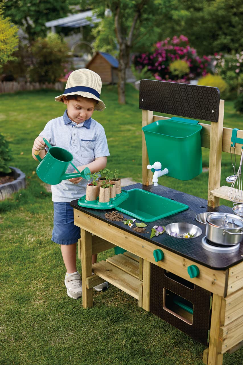 Nature Fun Outdoor Spielküche mit Zubehör aus Holz und pflanzlichem Kunststoff, Matschküche ab 3 Jahren