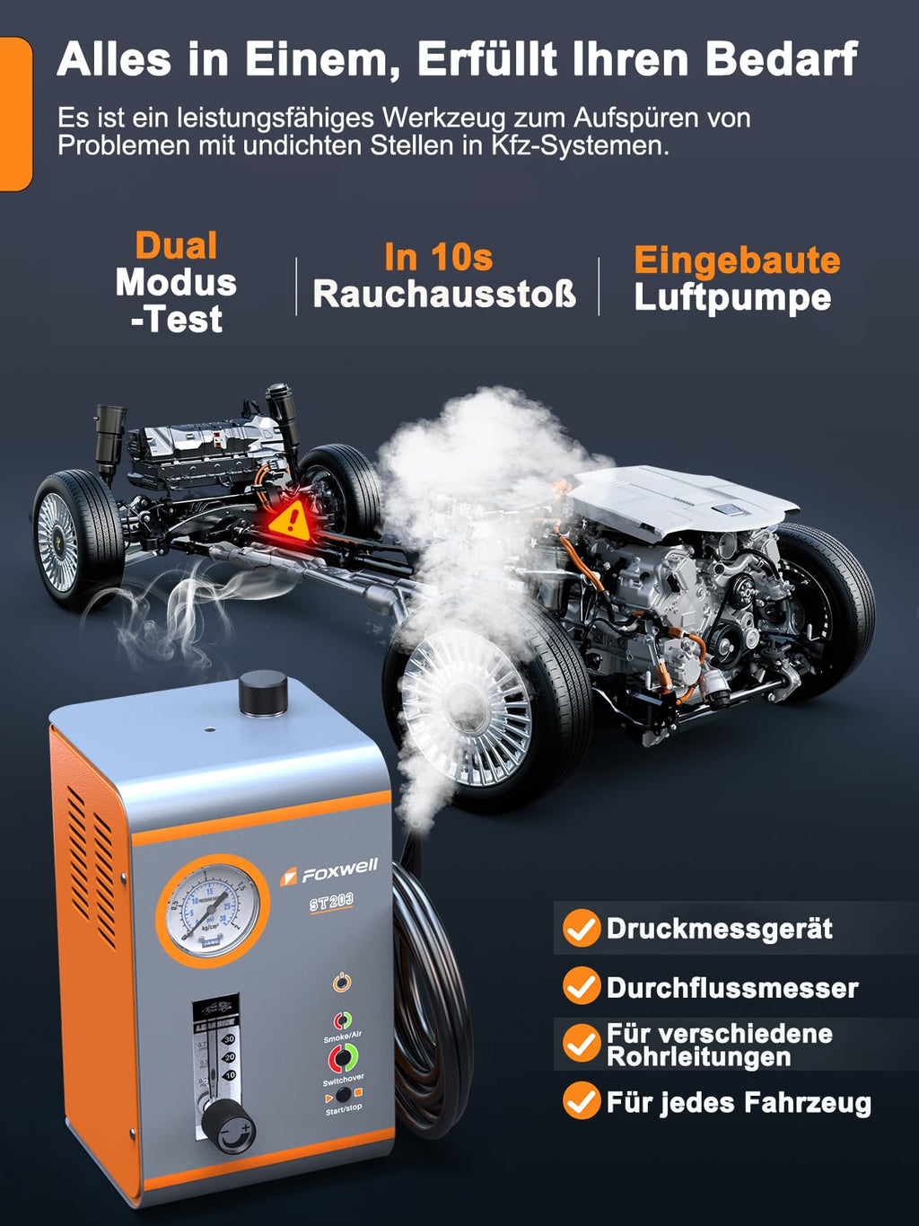 EVAP Nebelmaschine ST203 Kfz Lecksucher Dualmodus mit Druckanzeige und Durchflussanzeige Luftpumpe 16L/min 12V