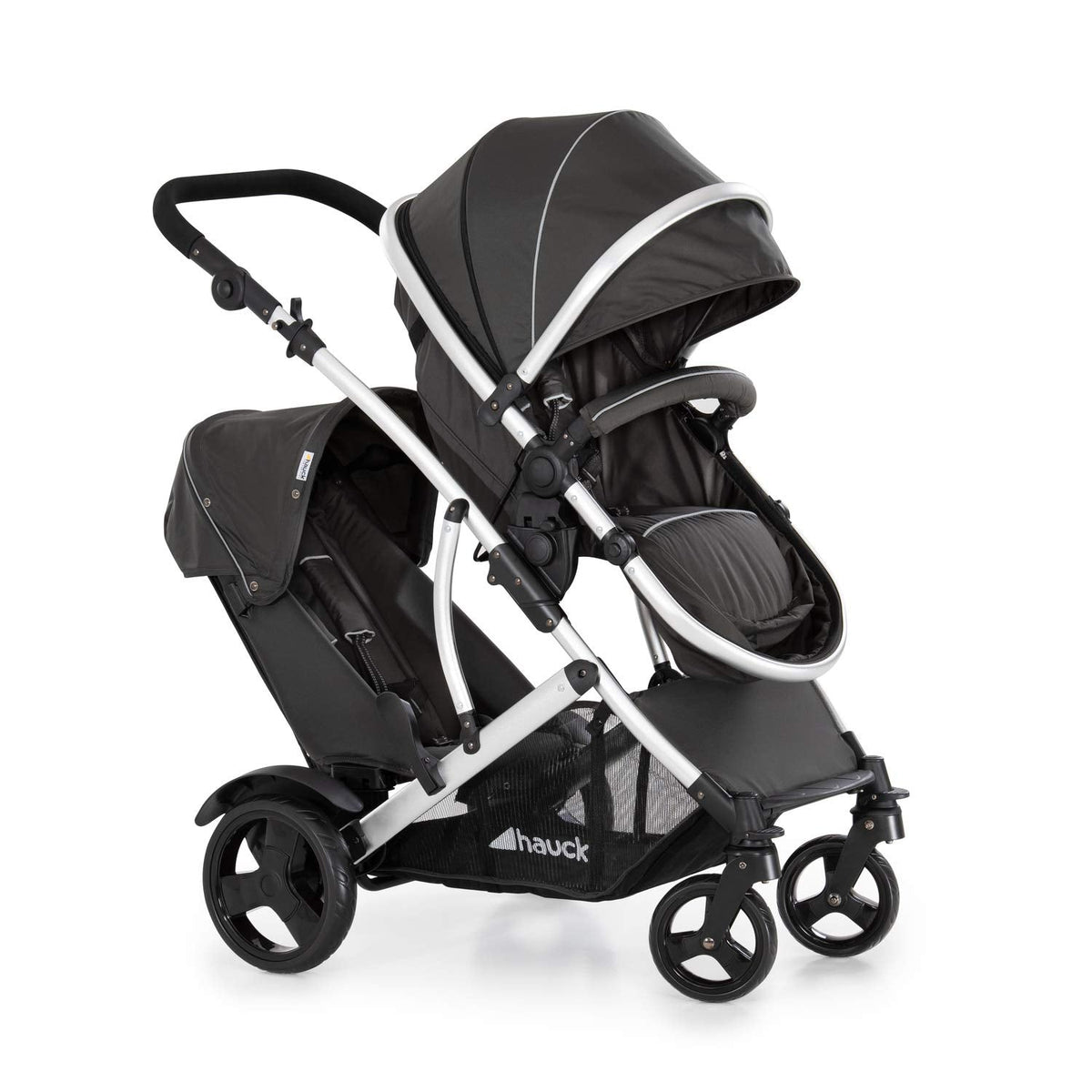 Duett 2 Geschwisterwagen Regenschutz Hauptsitz als Babywanne ab Geburt 15 kg Zweitsitz abnehmbar Black Forest