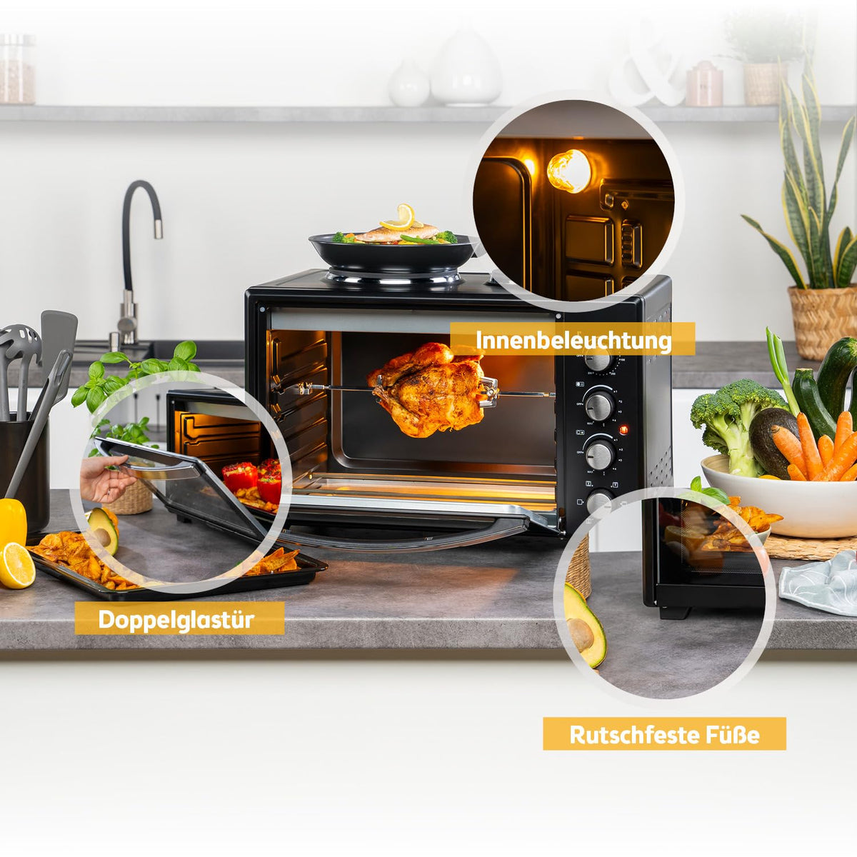 Minibackofen mit Kochplatten 45L 3200W bis 230°C Antihaftbeschichtung 4 Einschubhöhen Zubehör Energieklasse A+