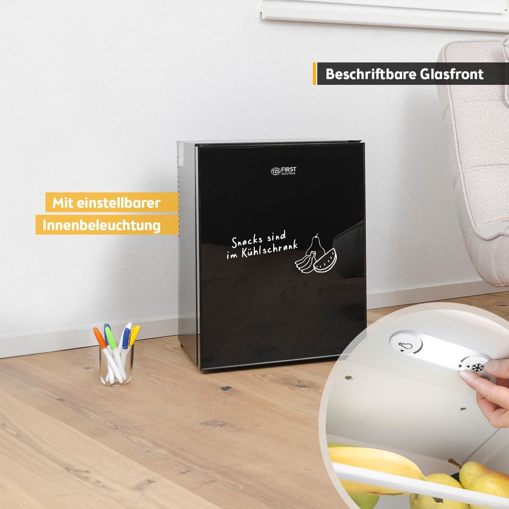 Mini Kühlschrank 40L lautlos, Glasfront, wechselbarer Türanschlag, Innenbeleuchtung, für Camping, Büro, Hotel