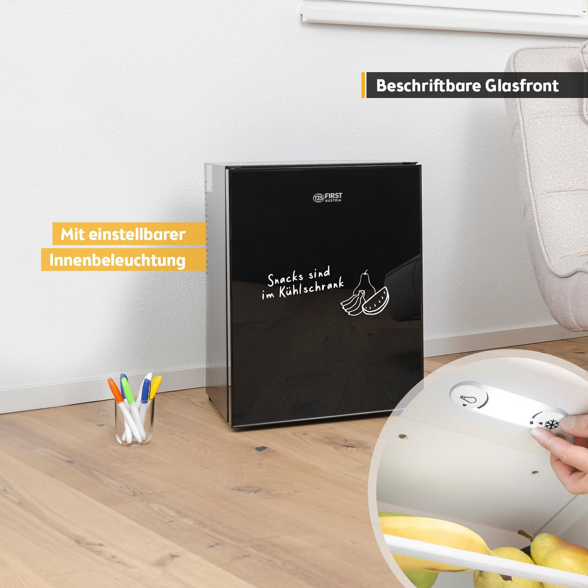 Mini Kühlschrank 40L lautlos, Glasfront, wechselbarer Türanschlag, Innenbeleuchtung, für Camping, Büro, Hotel