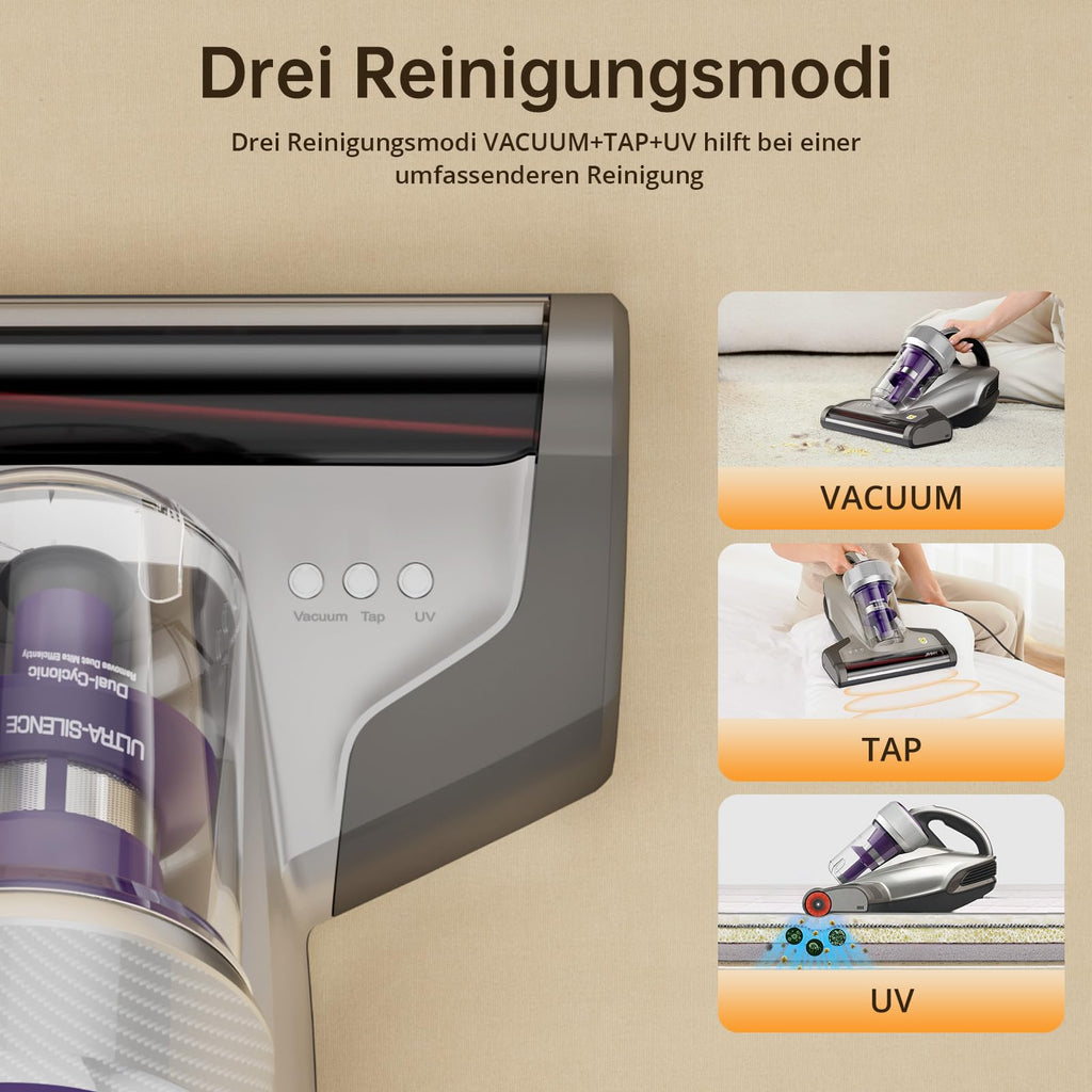JV35 Milbensauger mit UV-C Licht 700 W Heißluftfunktion und doppeltem Zyklon für Matratzen Betten und Sofa