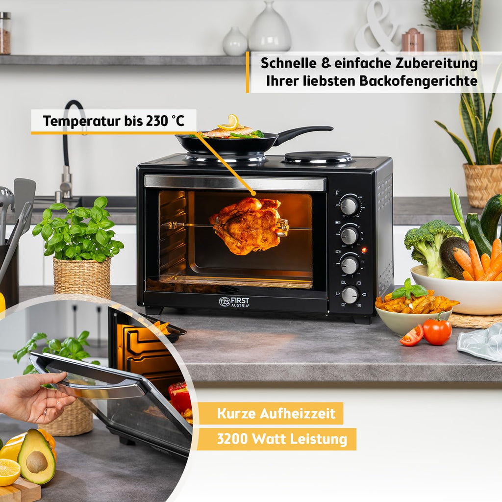Minibackofen mit Kochplatten 45L 3200W bis 230°C Antihaftbeschichtung 4 Einschubhöhen Zubehör Energieklasse A+