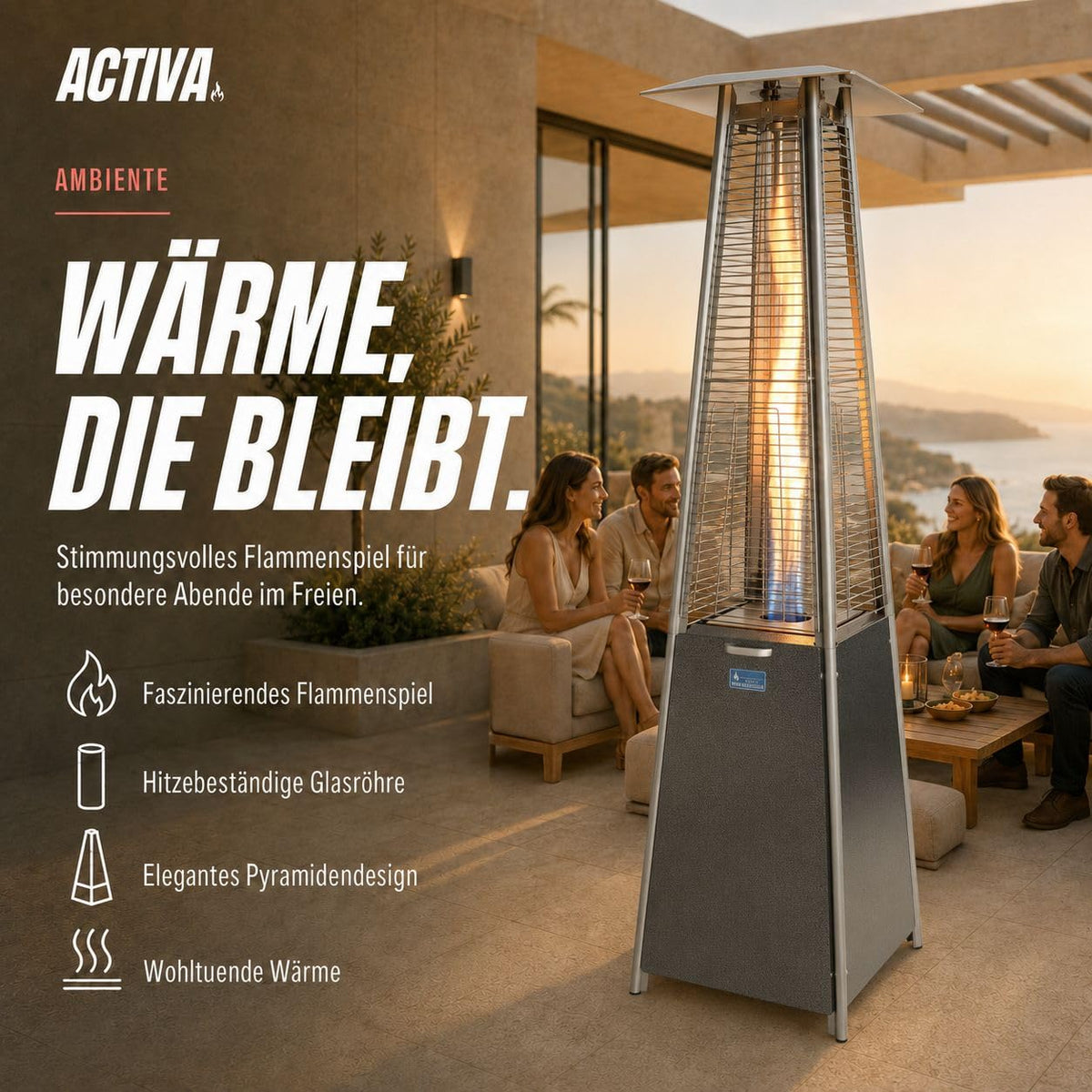 Heizstrahler Terrasse Pyramide Cheops II Grau inkl. Glasröhre Leistungsstarker Heizpilz für Wärme auf Abruf