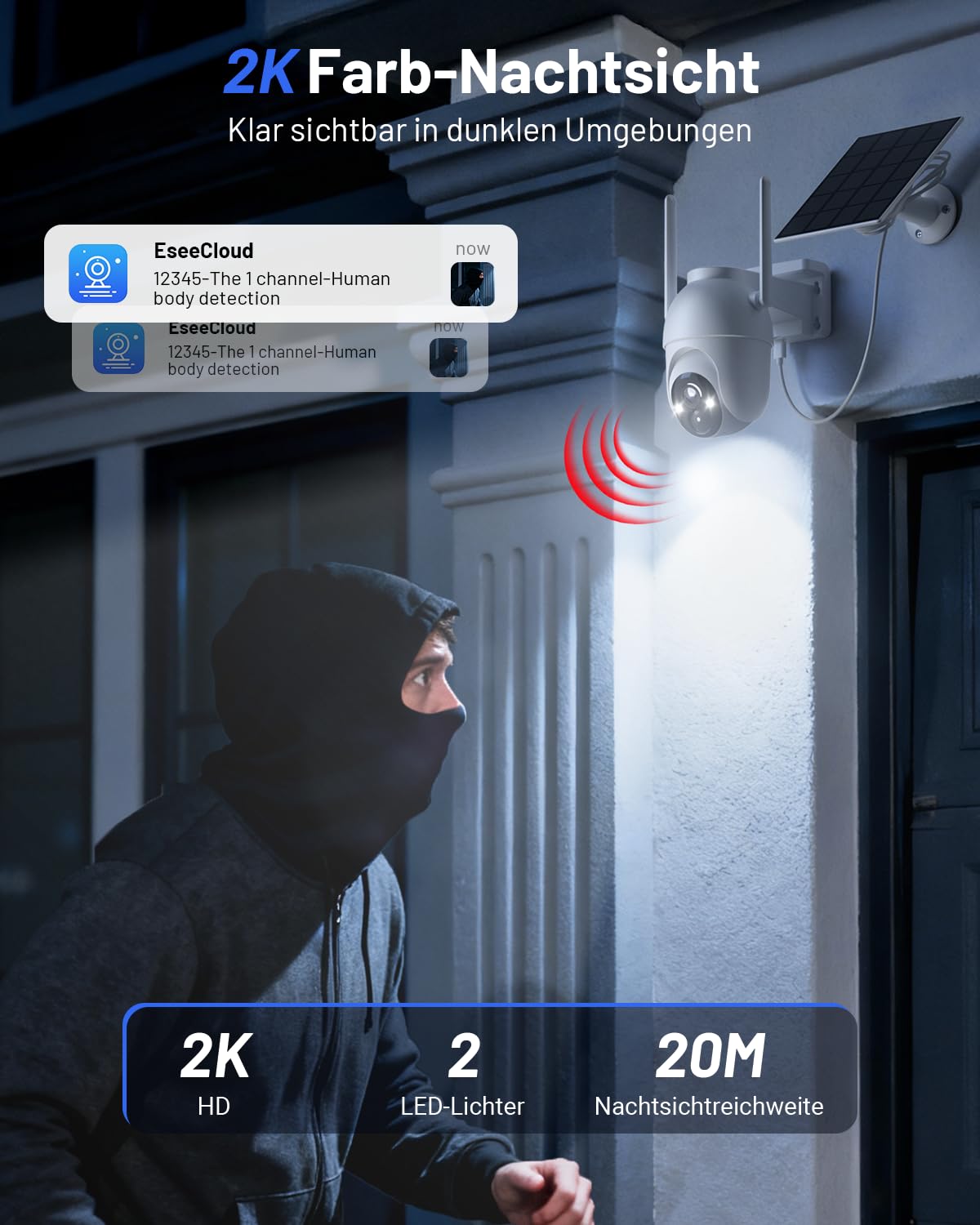2K Überwachungskamera Außen Akku Solar mit Basisstation und 2 Kameras WLAN Nachtsicht wetterfest
