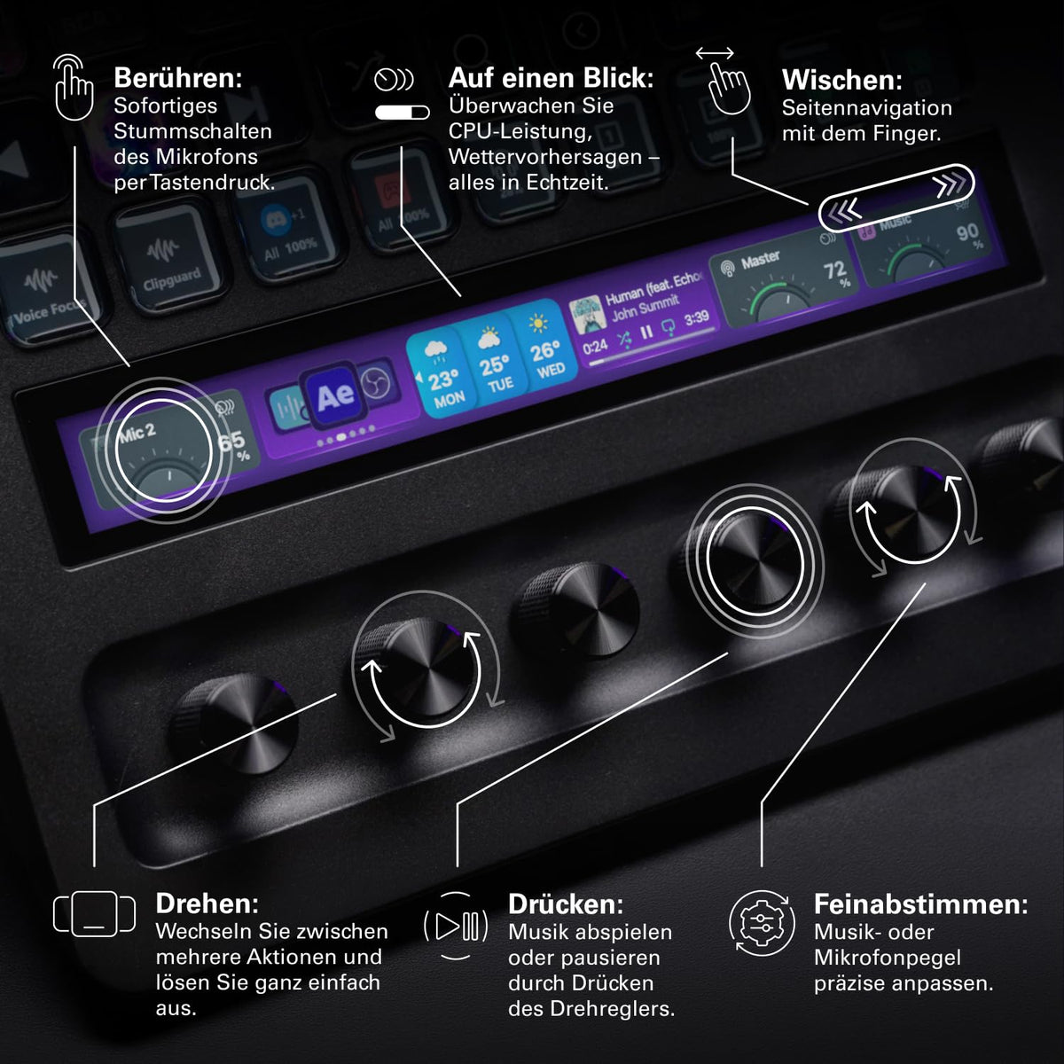 Stream Deck + XL Kontrollplattform mit Touchleiste für professionelle Steuerung von Streaming und Produktion