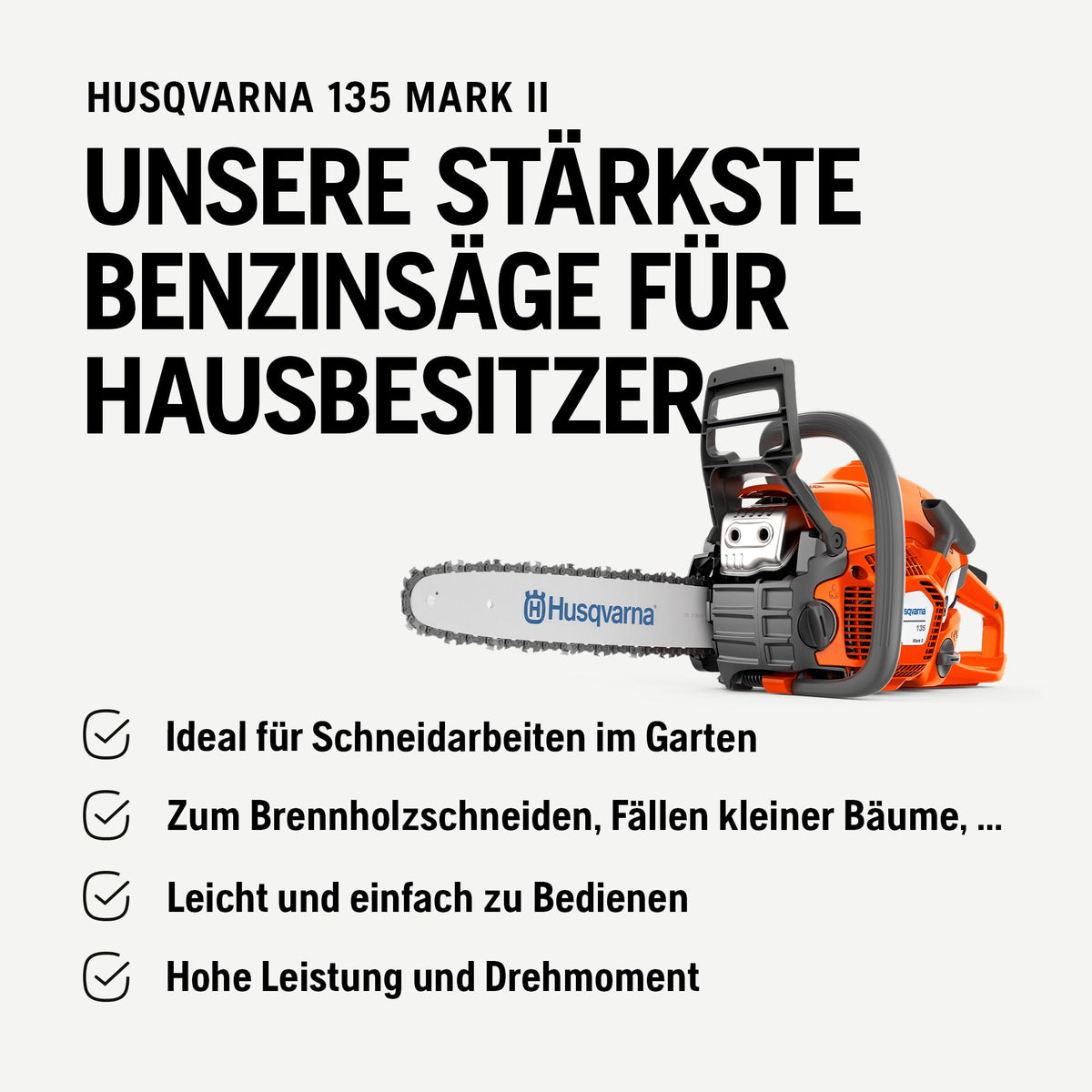 Leistungsstarke Benzinkettensäge 135 Mark II mit 38 cc X-Torq Motor und 14 Zoll Schwert für Brennholz