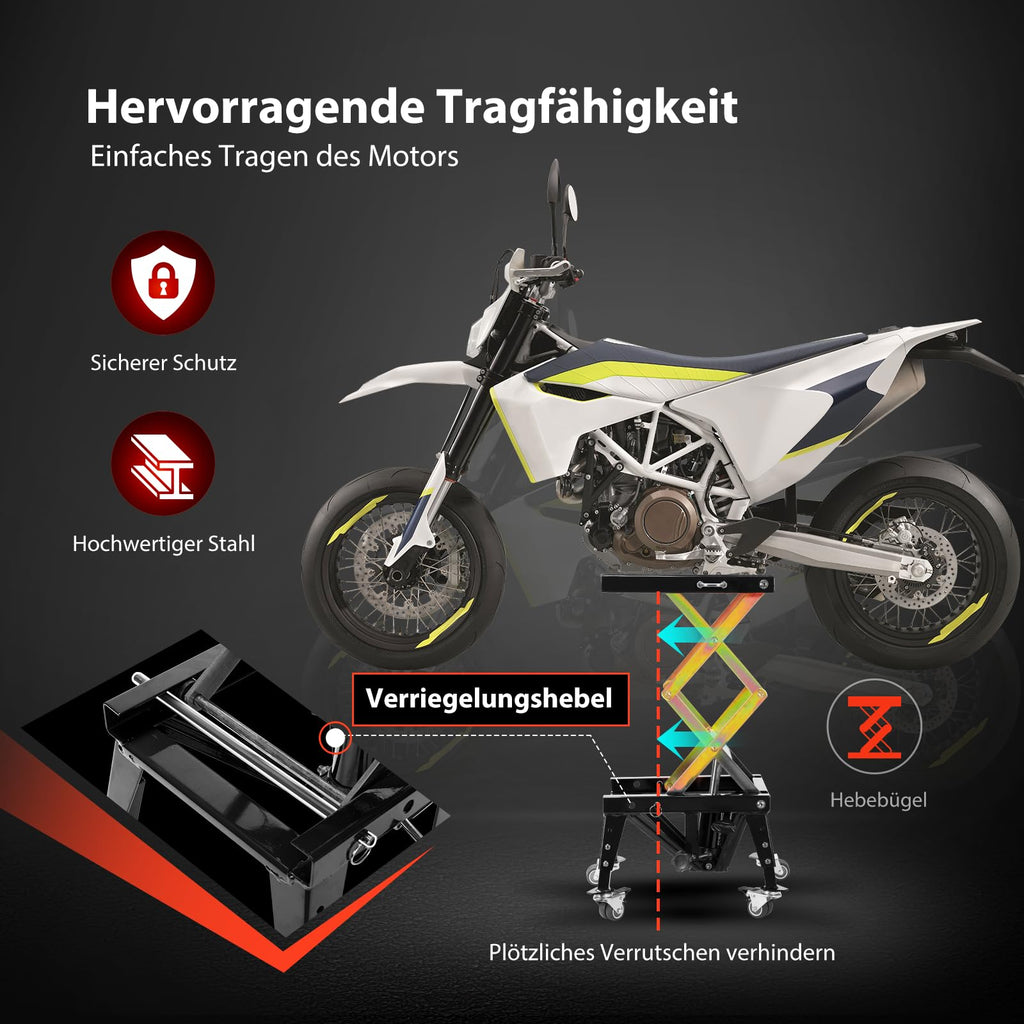 Hydraulischer Motorradheber in Schwarz mit 160 kg Tragkraft und 4 Rollen zum Aufbocken und Transportieren