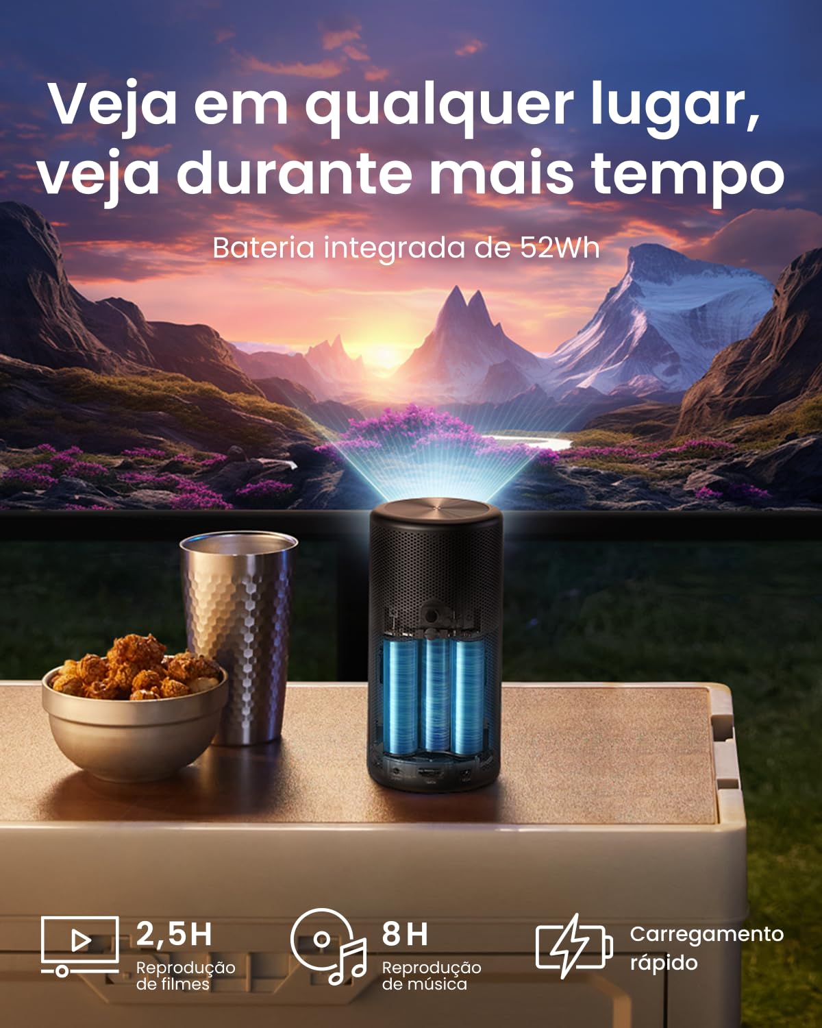 Capsule3 Projector B2C Black Portable Smart Mini Projector, 1080p, Android TV, Auto Keystone, Built-in Battery