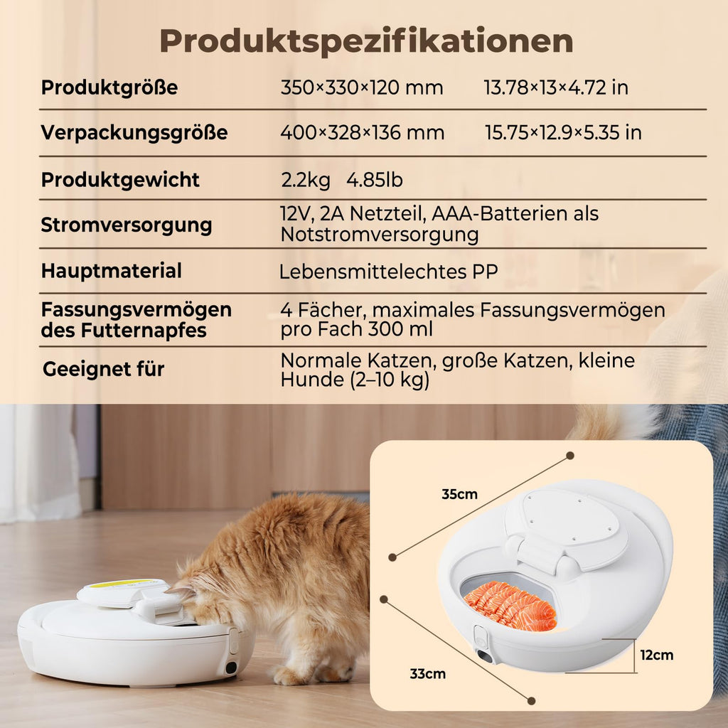 Intelligenter Nassfutterautomat für Katzen mit Halbleiterkühlung und Heizung App 4 Mahlzeiten Infrarotsensor