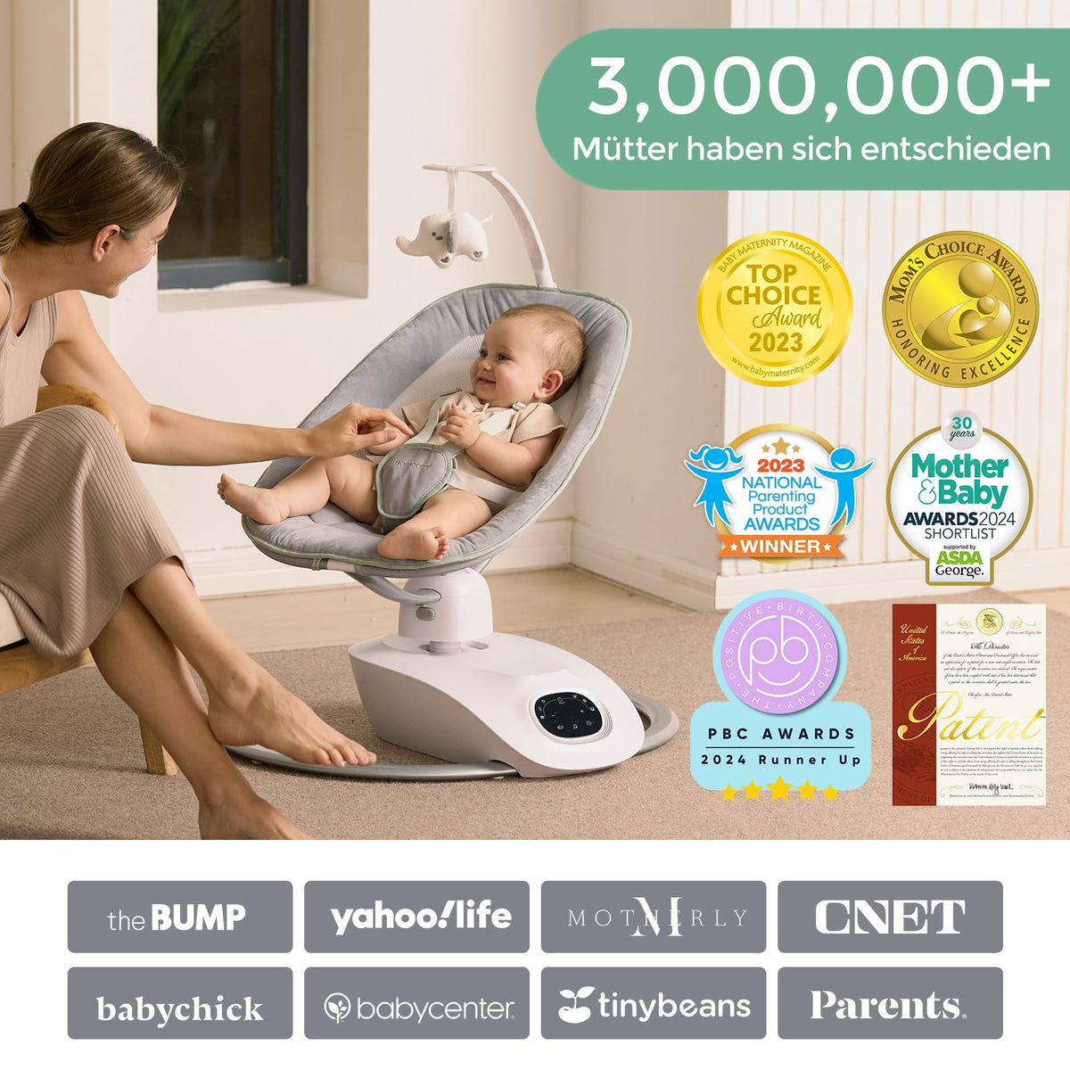 CocoSway elektrische Babywippe 3D Motion 6 Bewegungen 4 Stufen Fernbedienung 8 Wiegenlieder