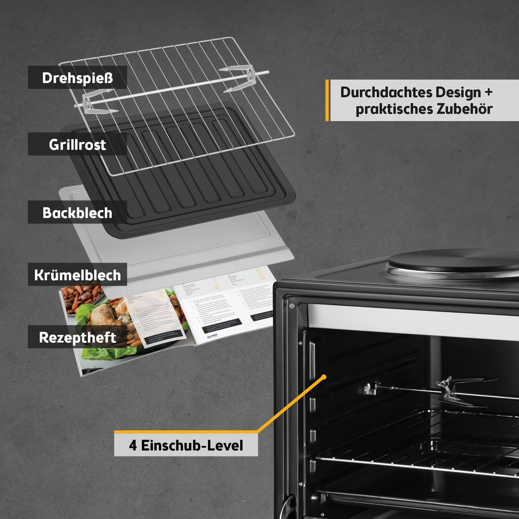 Minibackofen mit Kochplatten 45L 3200W bis 230°C Antihaftbeschichtung 4 Einschubhöhen Zubehör Energieklasse A+