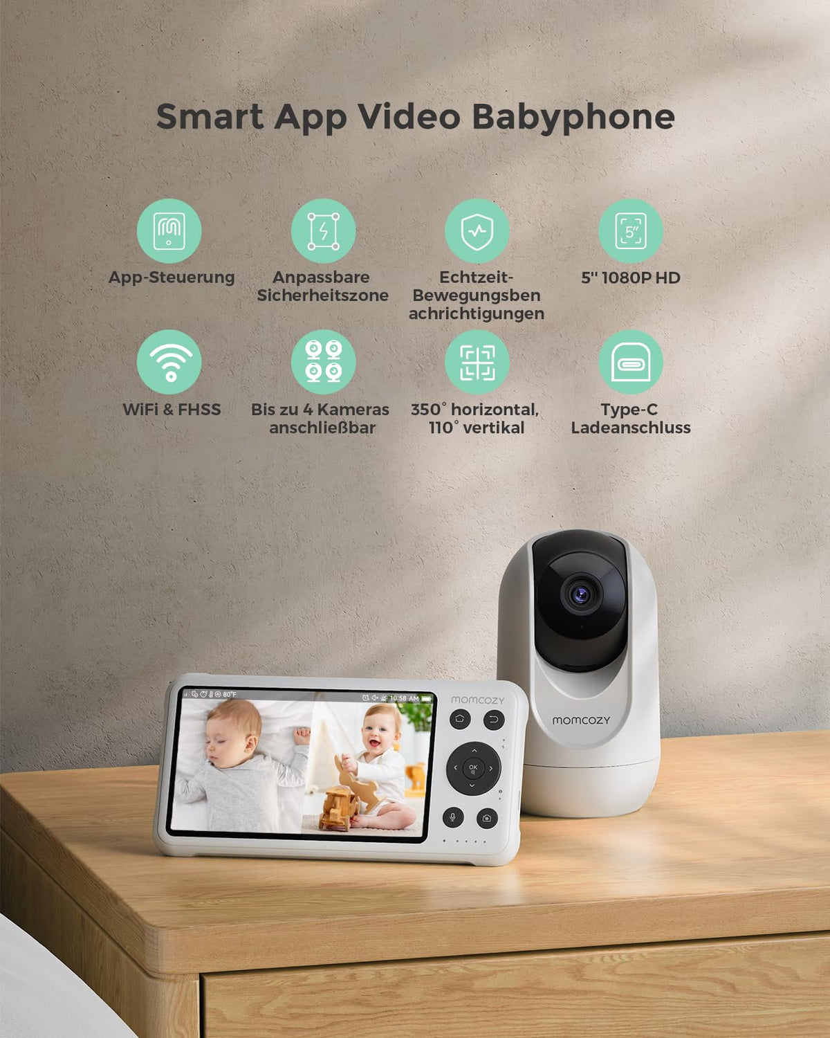 BM04 Babyphone mit Kamera 5 Zoll smart WLAN Baby Monitor mit Nachtsicht und Gegensprechen sowie Appsteuerung