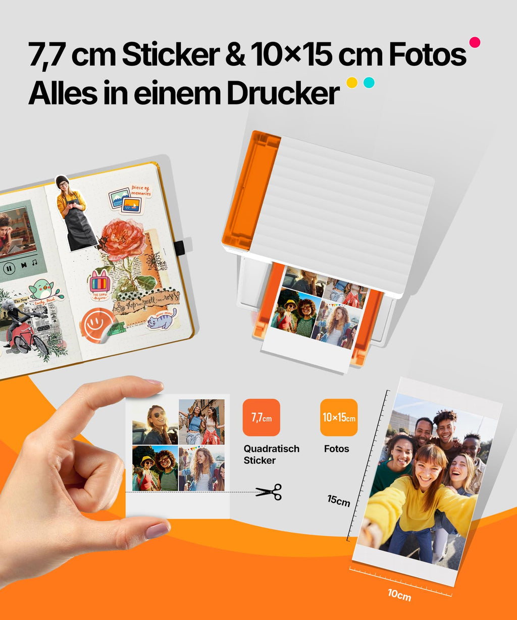Amber M110 Mini Fotodrucker für Smartphone, Bluetooth, Thermosublimation, 60 Blatt 10x15 Papier, 2 Farbbänder