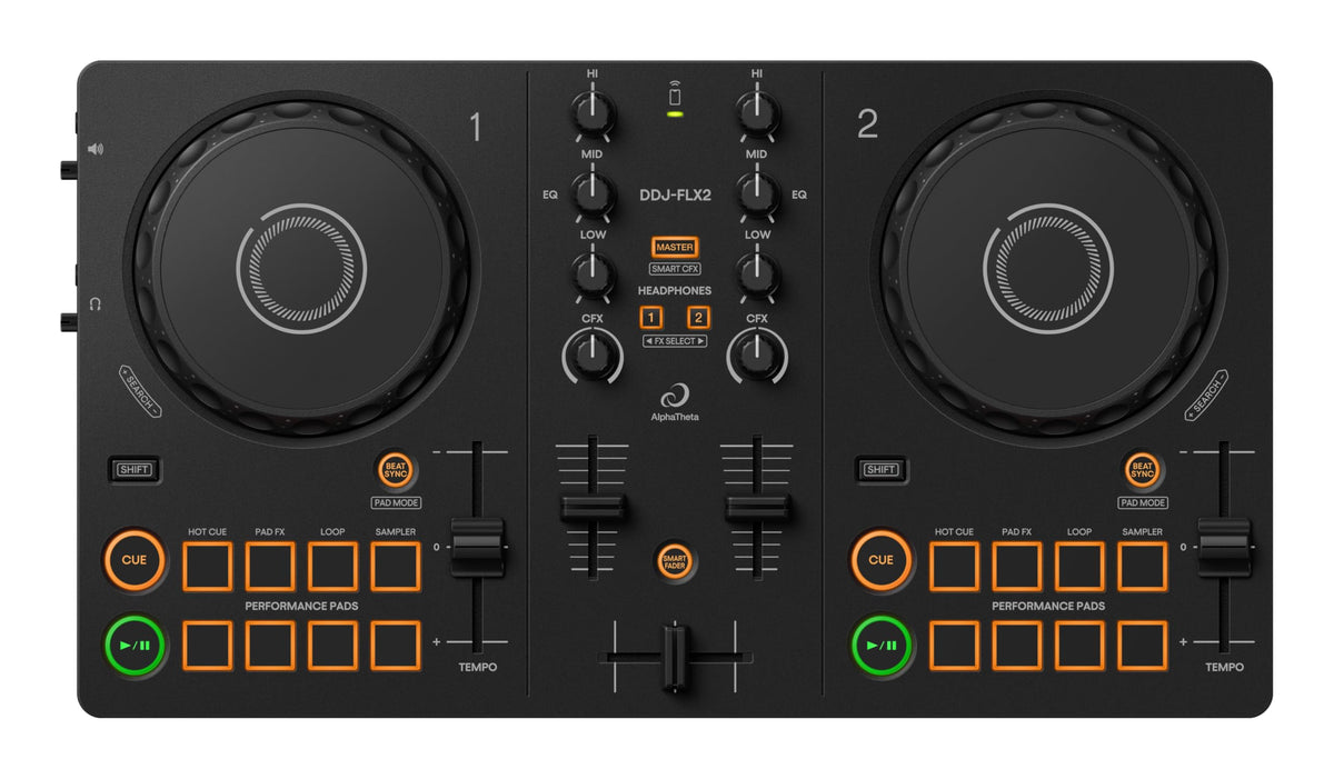 DDJ-FLX2 Einsteiger-DJ-Controller, USB-betrieben, 2-Kanal, tragbar, Streaming-kompatibel, Profi-Layout