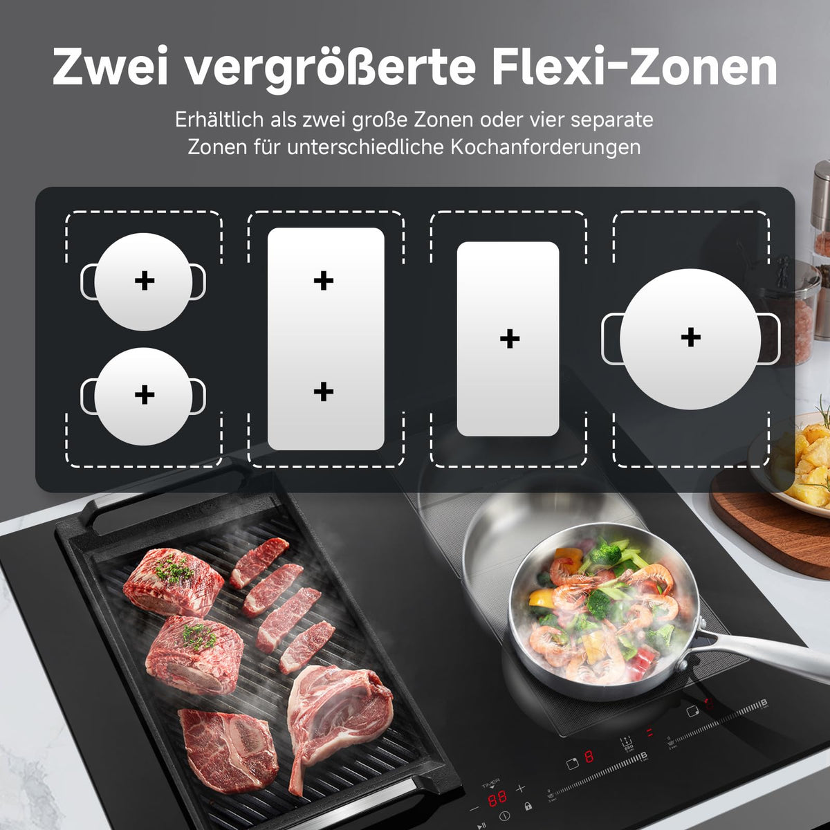 Induktionskochfeld 60 cm mit 2 Flexzonen und Booster für schnelles Aufheizen aus Glaskeramik