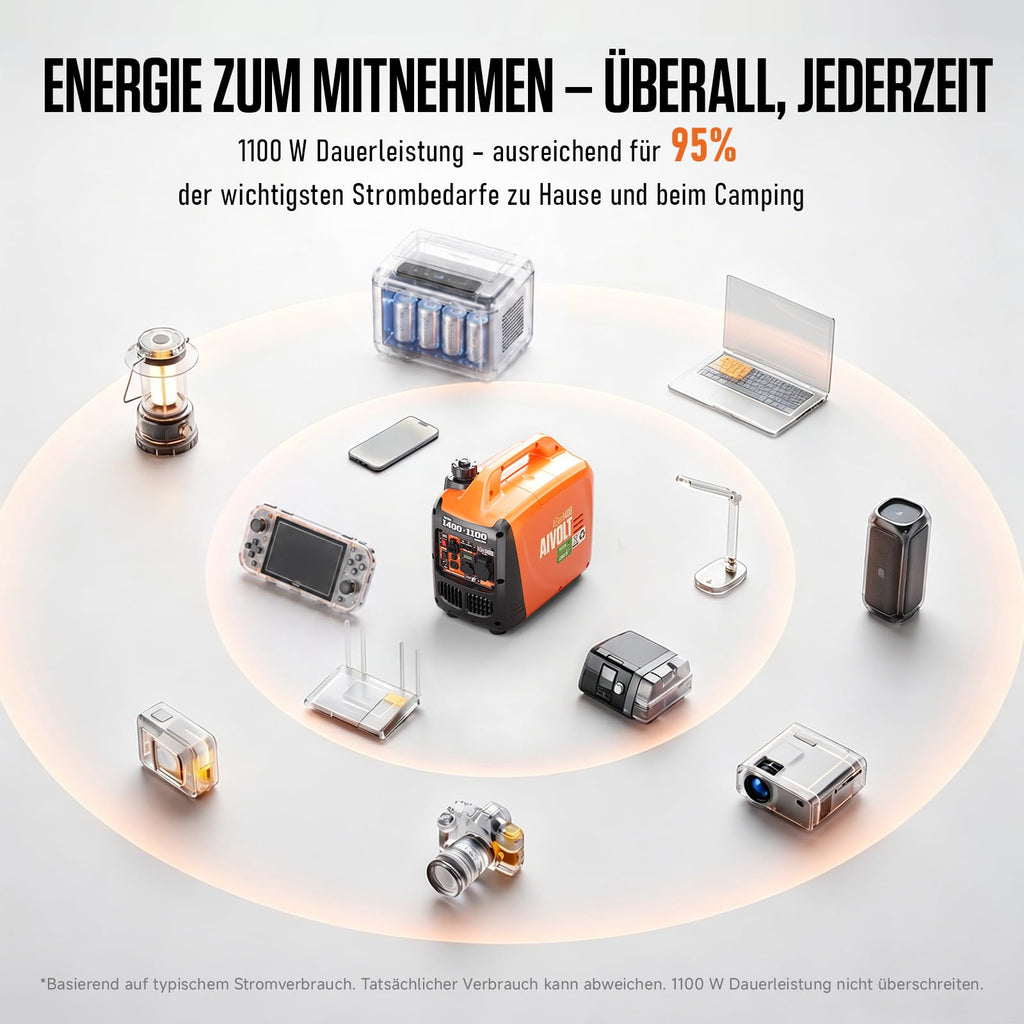 Inverter Stromerzeuger 1400 Watt Notstromaggregat tragbar leise für Camping Haushalt Baustelle