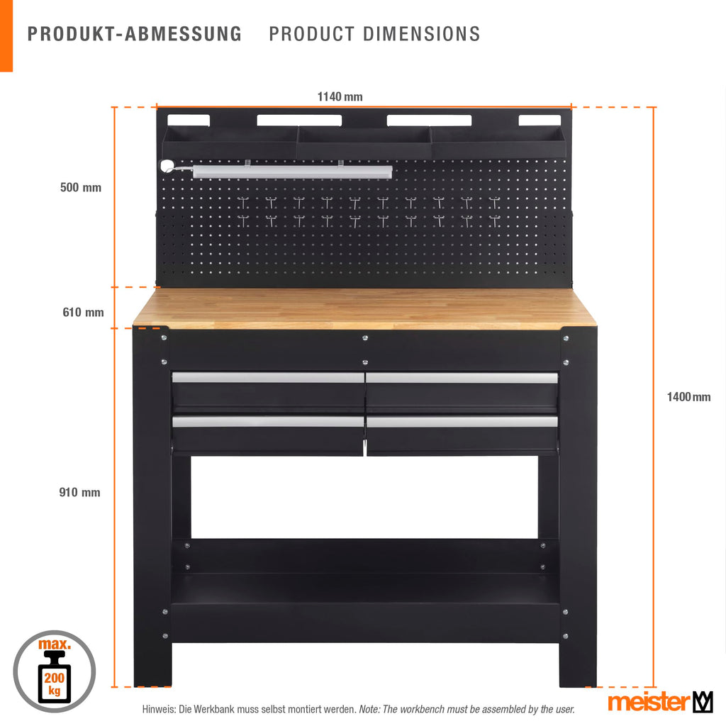 Werkbank 1400x1140x610mm 200kg Tragkraft 4 Schubladen Lochrückwand LED Lampe Steckdosenleiste Stahl 9079700